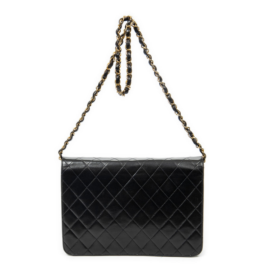 Shoulder Bag Vintage Push Lock Straight Flap Black Quilted Lambskin Leather