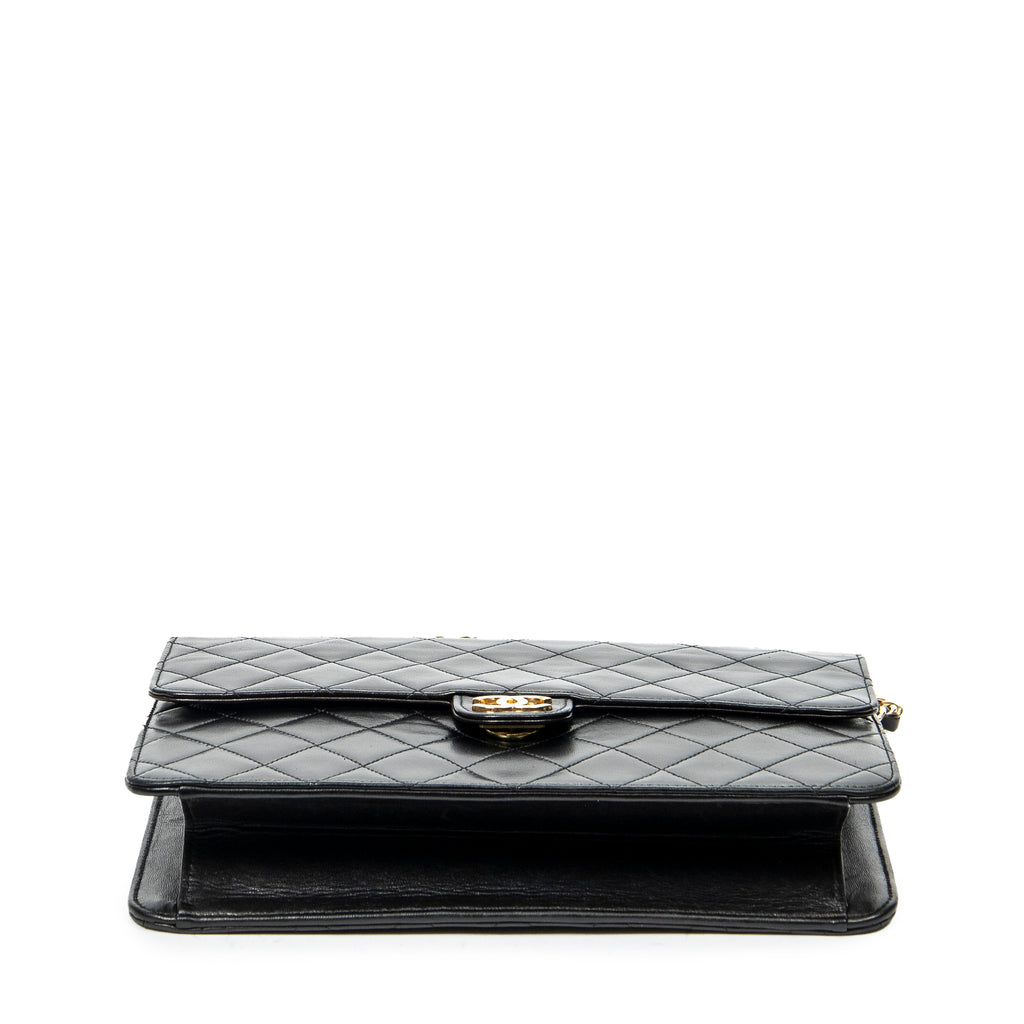 Shoulder Bag Vintage Push Lock Straight Flap Black Quilted Lambskin Leather