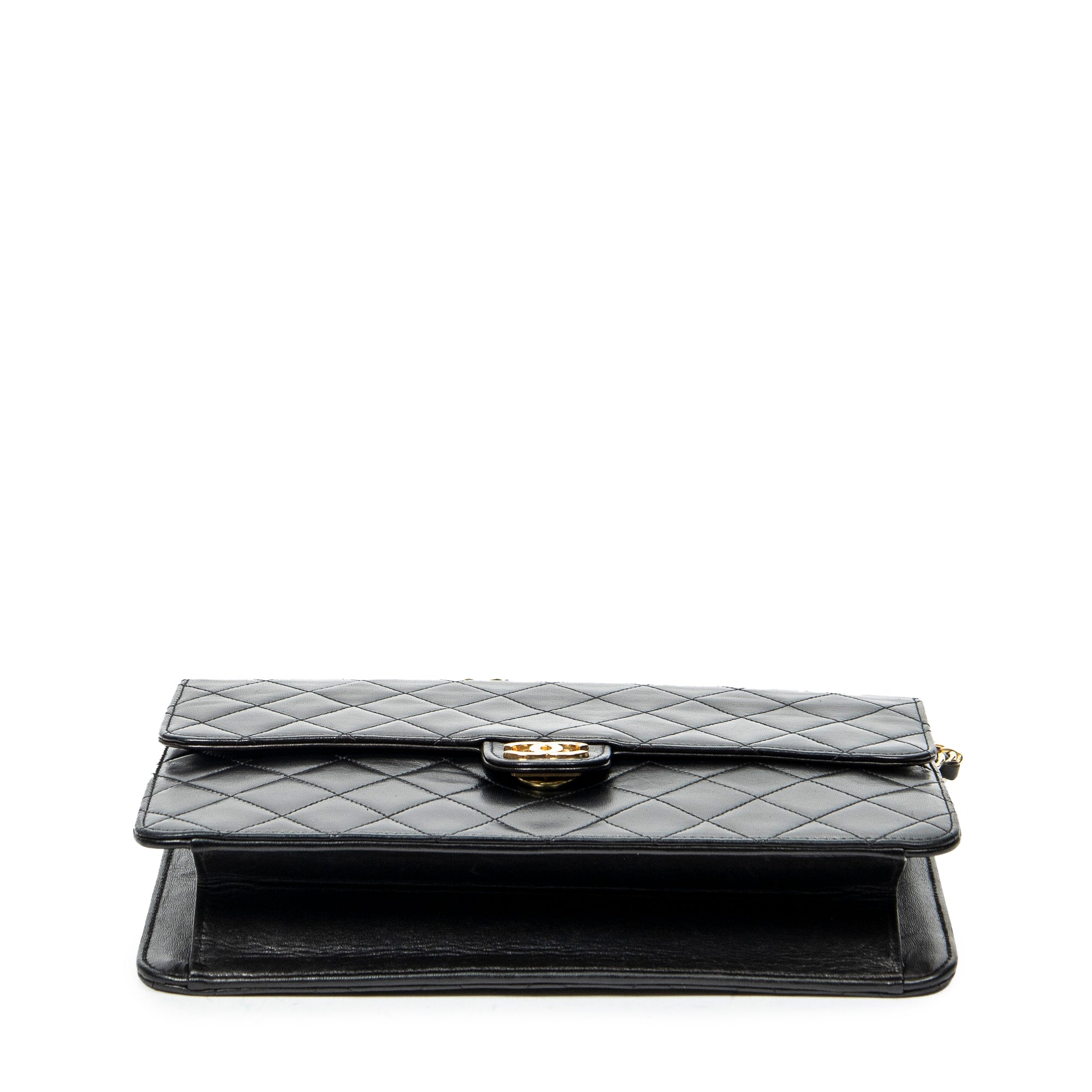 Shoulder Bag Vintage Push Lock Straight Flap Black Quilted Lambskin Leather