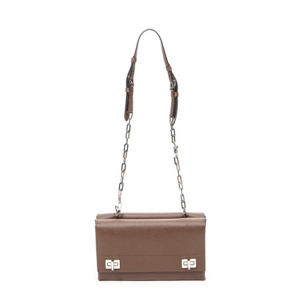 Shoulder Bag Double Turnlock Crossbody Brown Saffiano Leather