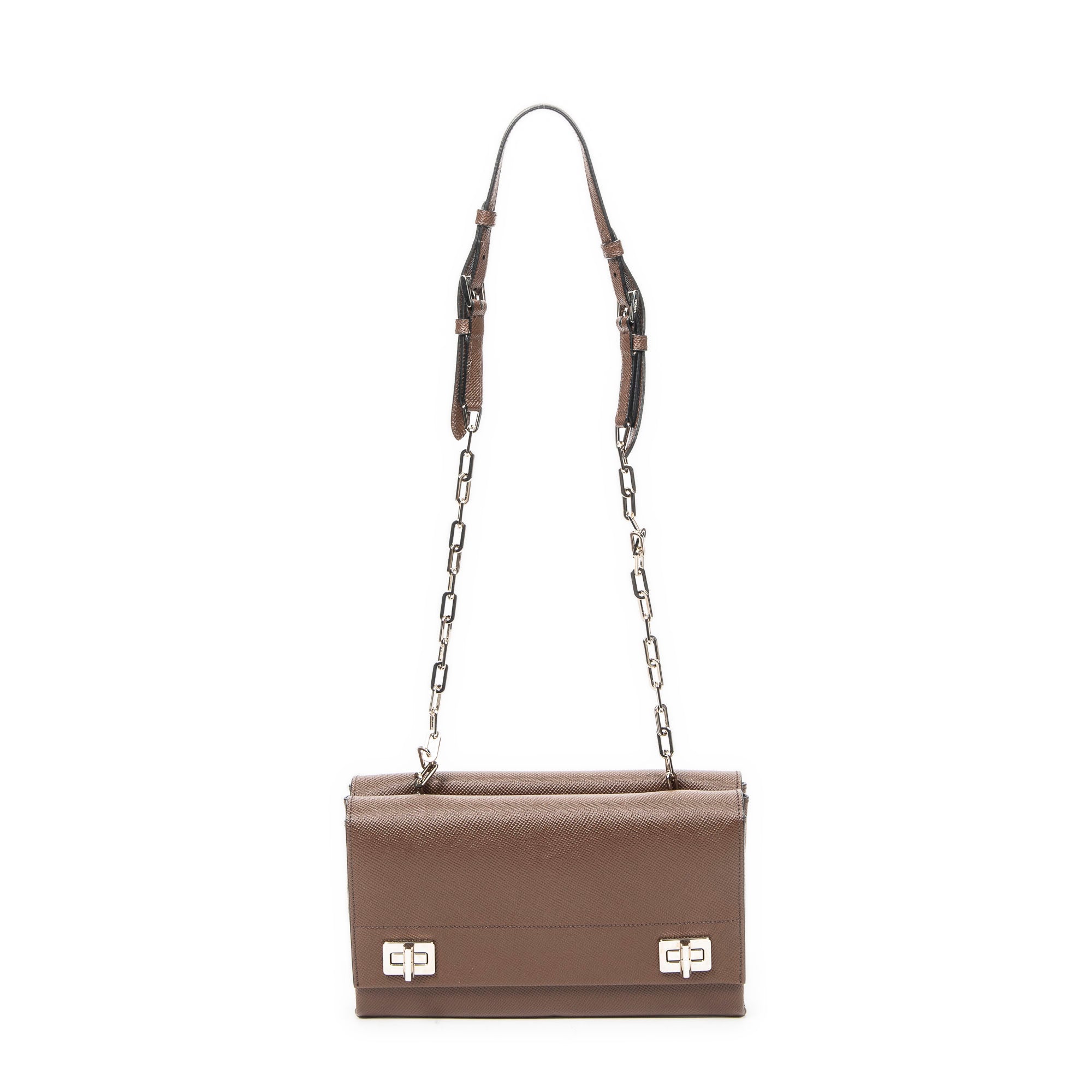 Shoulder Bag Double Turnlock Crossbody Brown Saffiano Leather