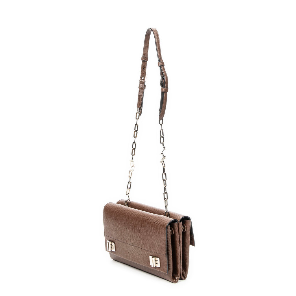 Shoulder Bag Double Turnlock Crossbody Brown Saffiano Leather