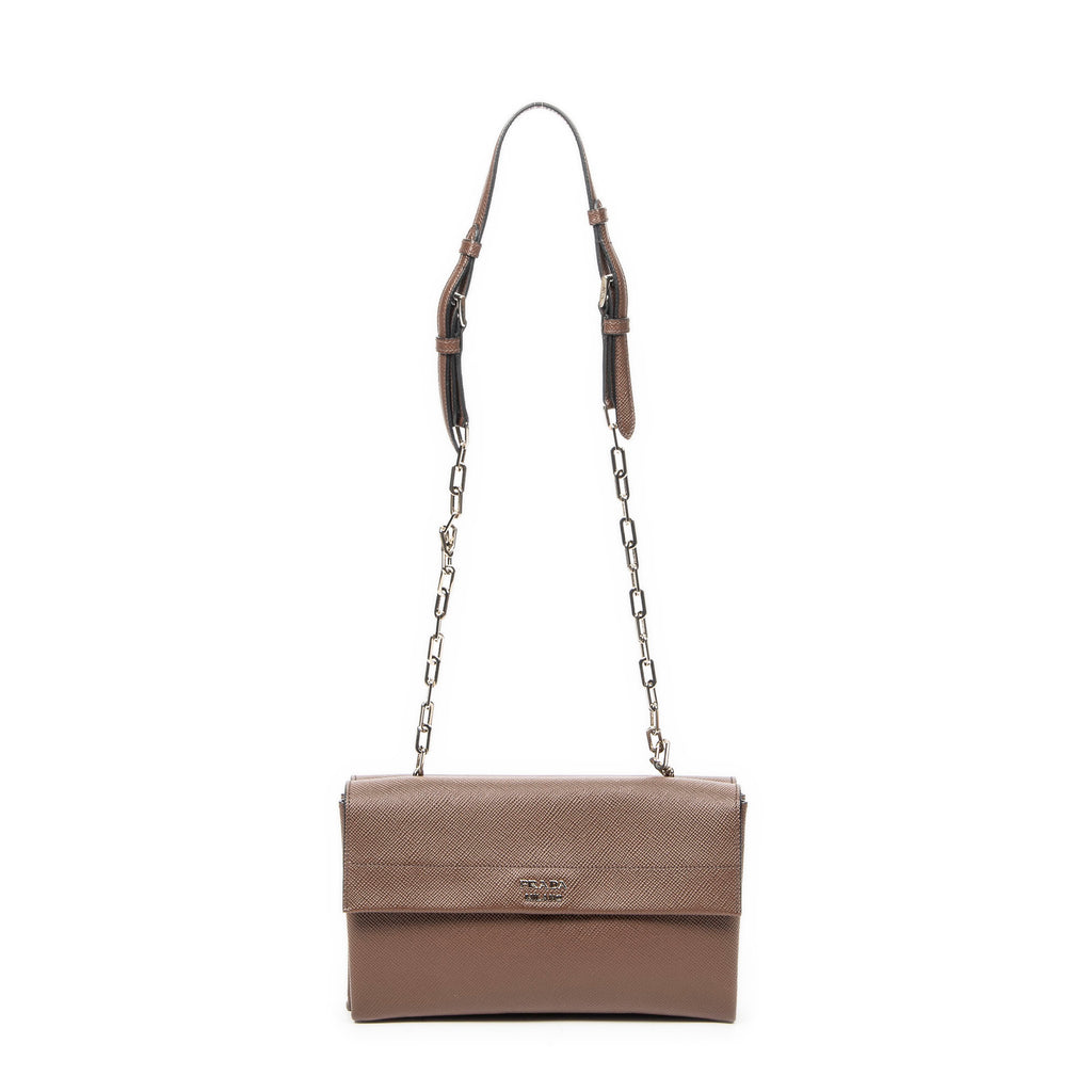 Shoulder Bag Double Turnlock Crossbody Brown Saffiano Leather