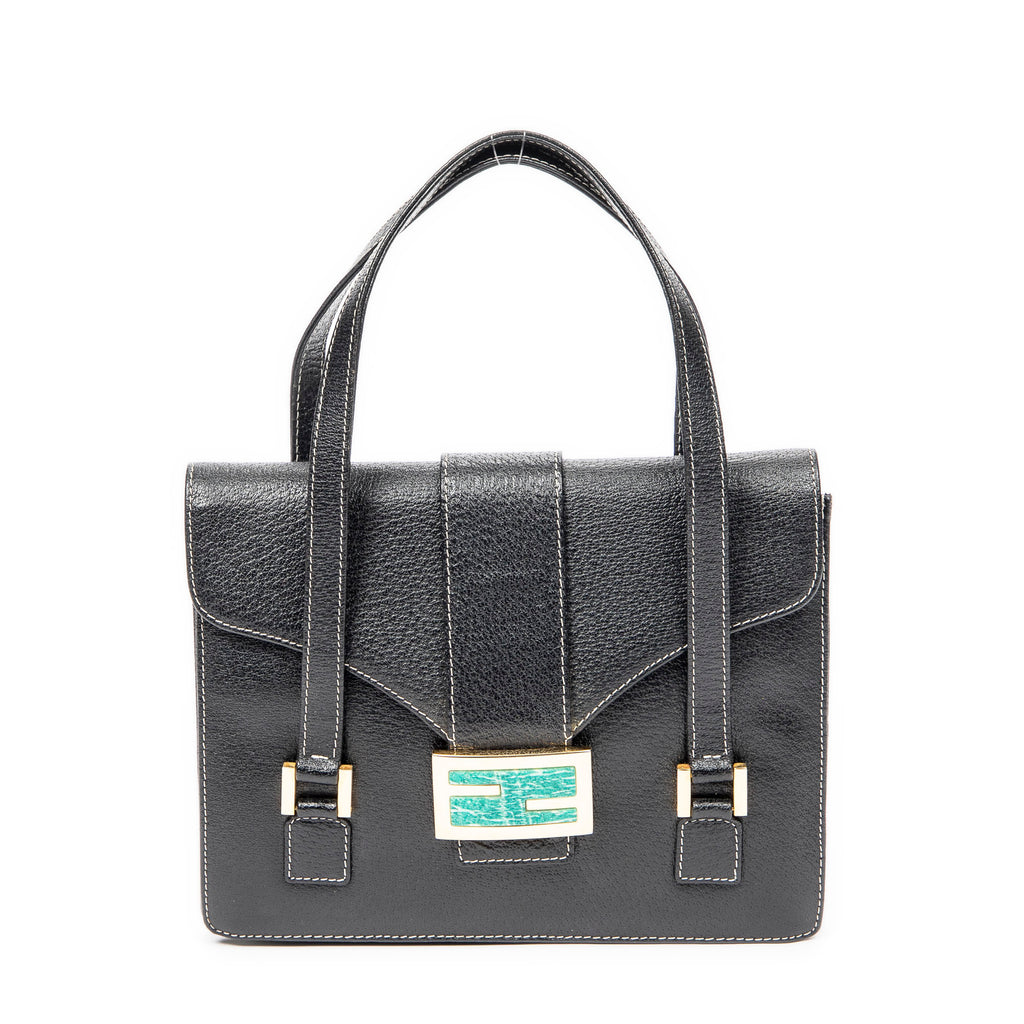 Shoulder Bag Flap Satchel Black Calfskin Leather