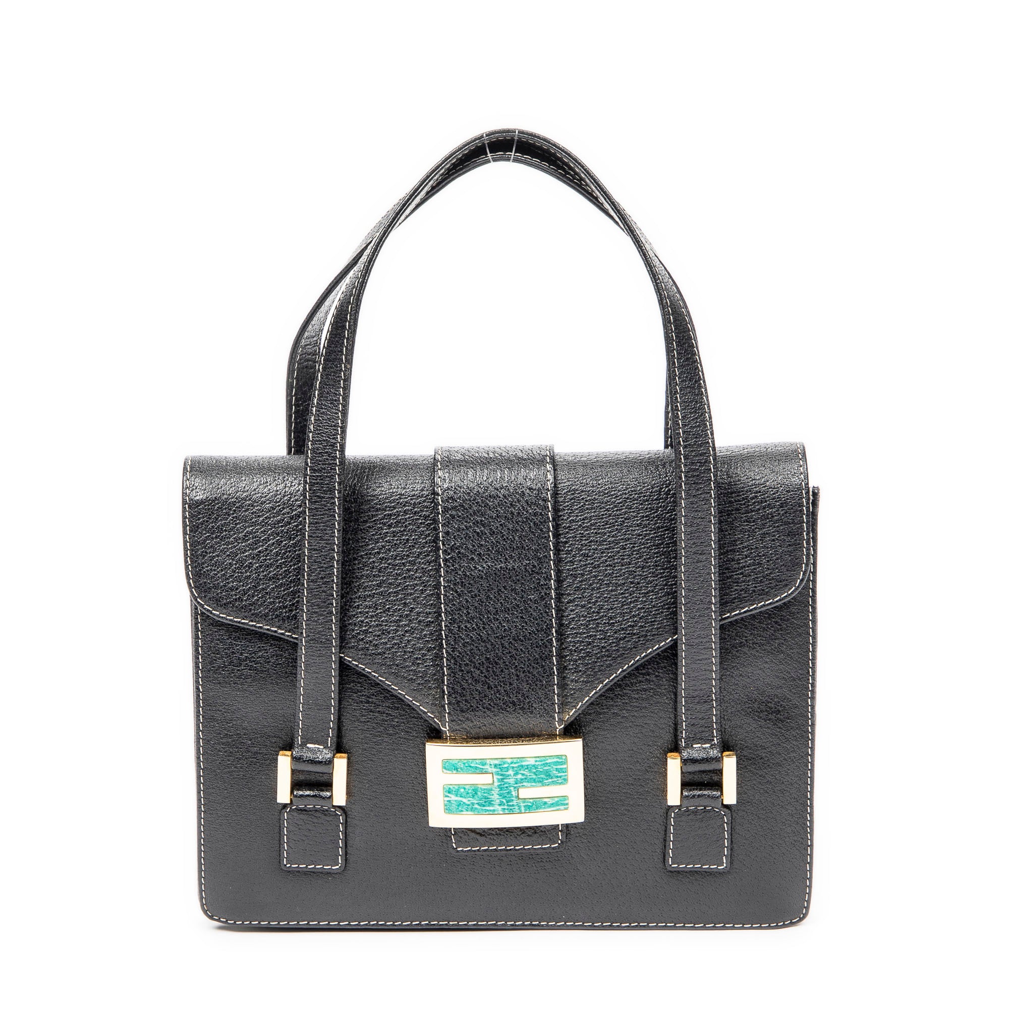 Shoulder Bag Flap Satchel Black Calfskin Leather