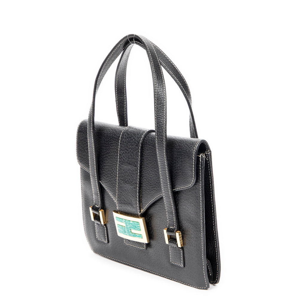 Shoulder Bag Flap Satchel Black Calfskin Leather
