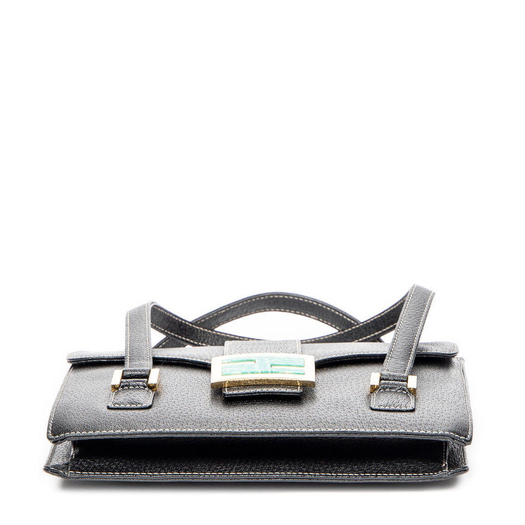 Shoulder Bag Flap Satchel Black Calfskin Leather