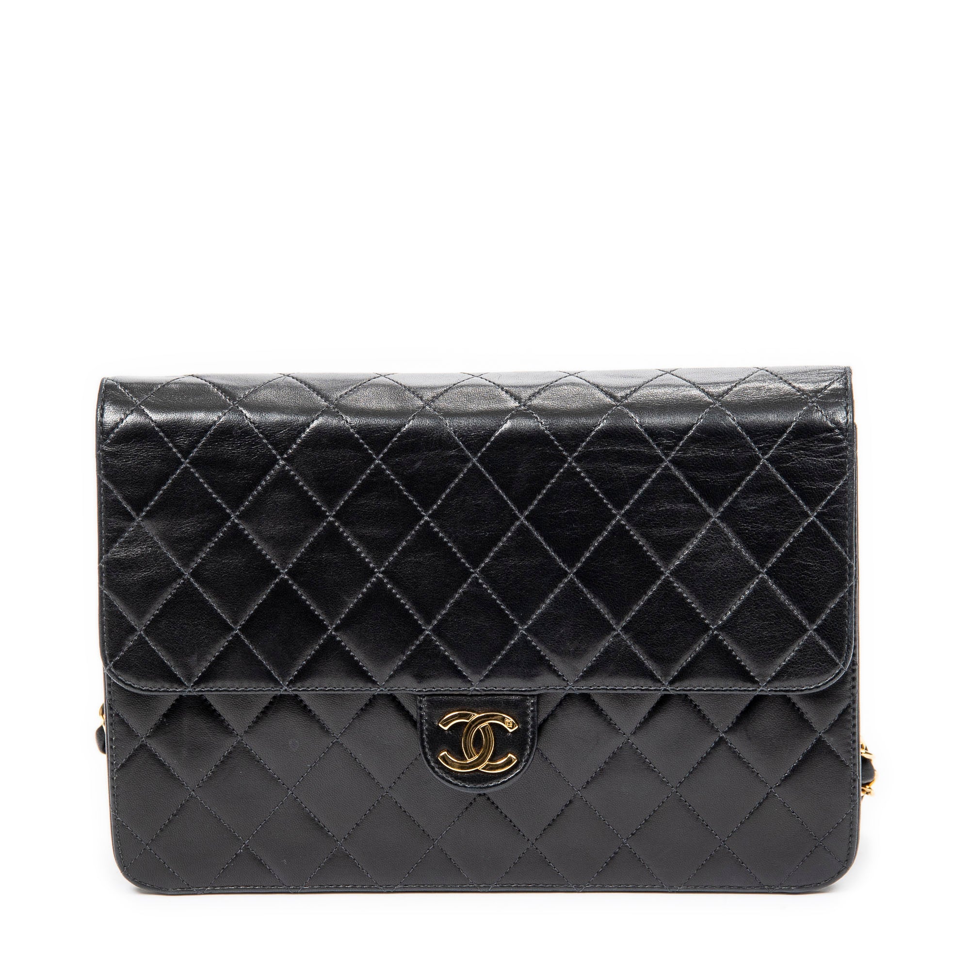 Shoulder Bag CC Push Lock Straight Single Flap Black Quilted Lambskin Leather