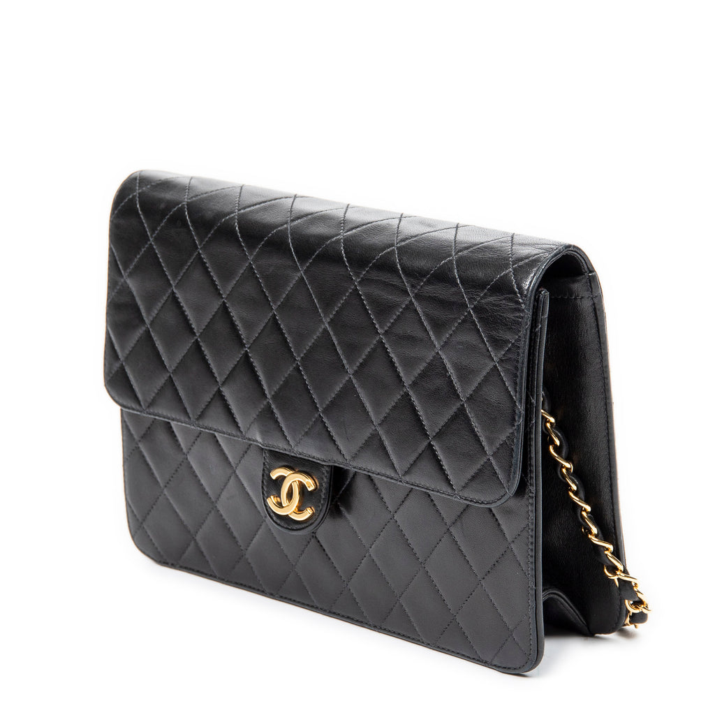 Shoulder Bag CC Push Lock Straight Single Flap Black Quilted Lambskin Leather