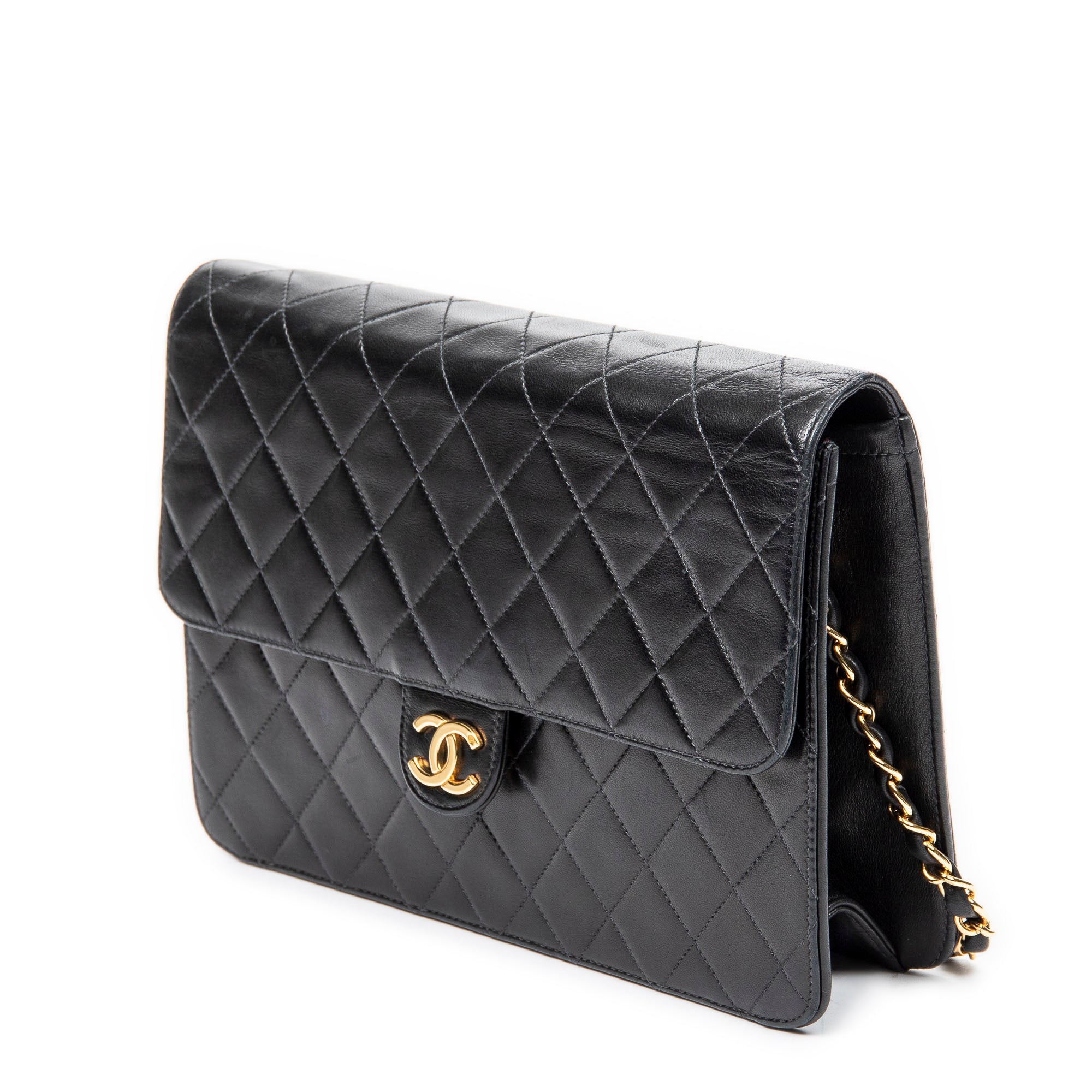 Shoulder Bag CC Push Lock Straight Single Flap Black Quilted Lambskin Leather
