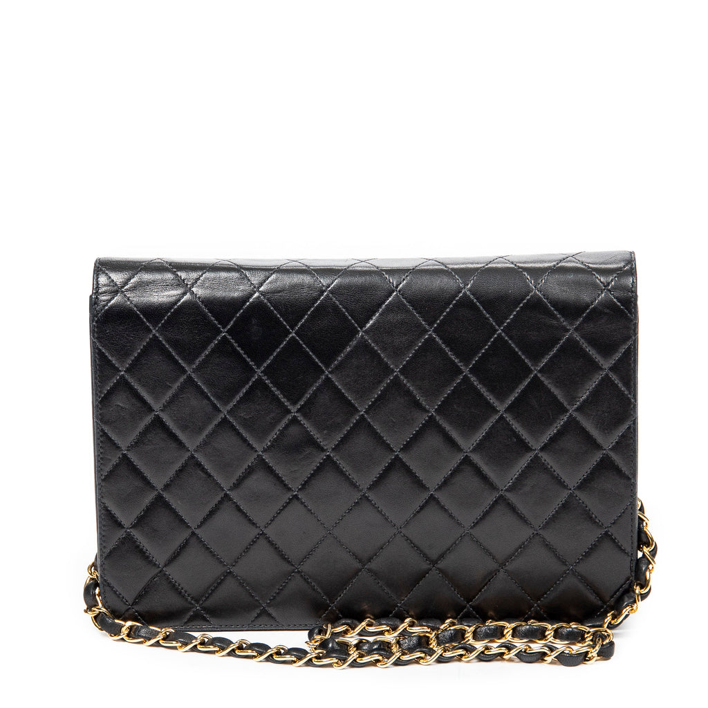 Shoulder Bag CC Push Lock Straight Single Flap Black Quilted Lambskin Leather