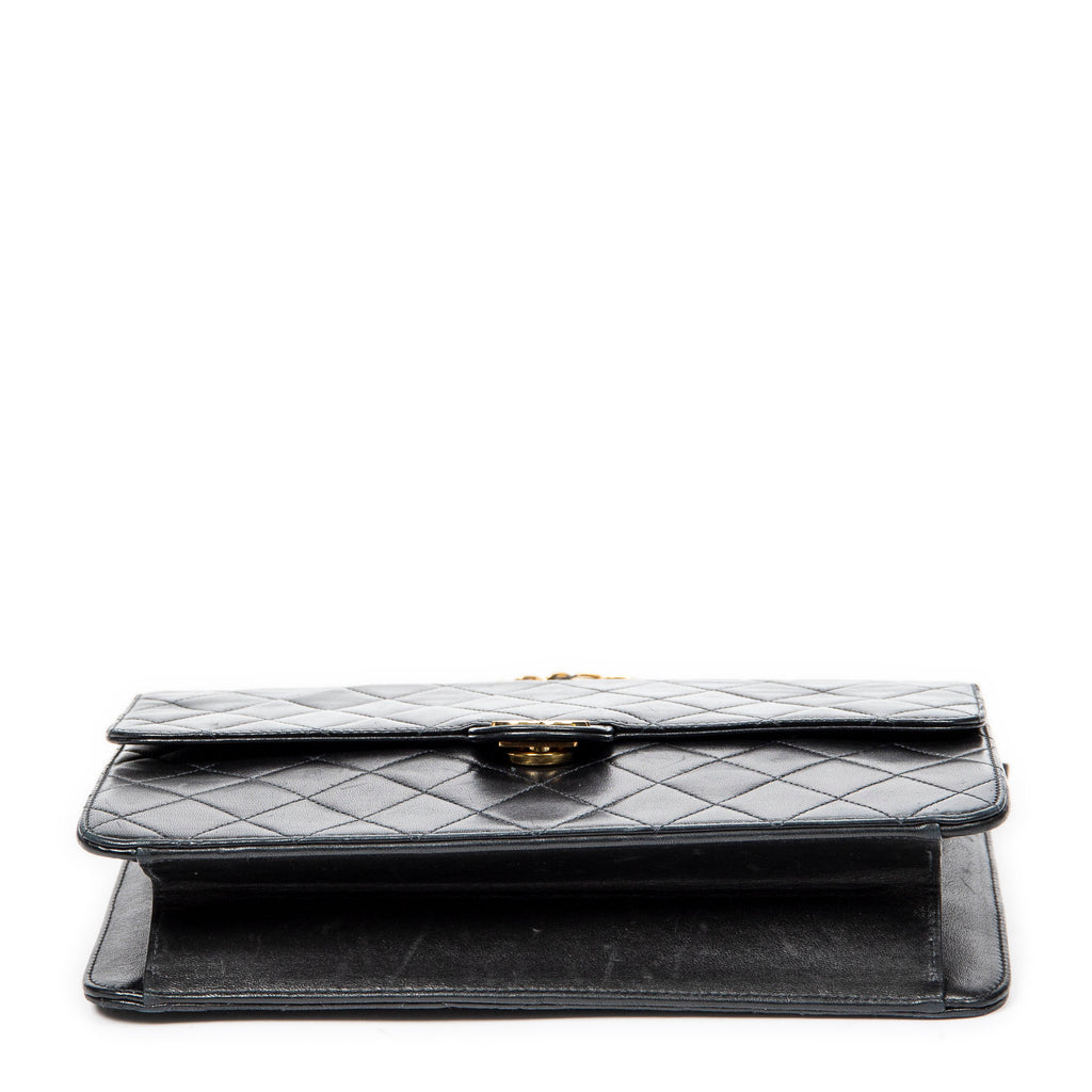 Shoulder Bag CC Push Lock Straight Single Flap Black Quilted Lambskin Leather