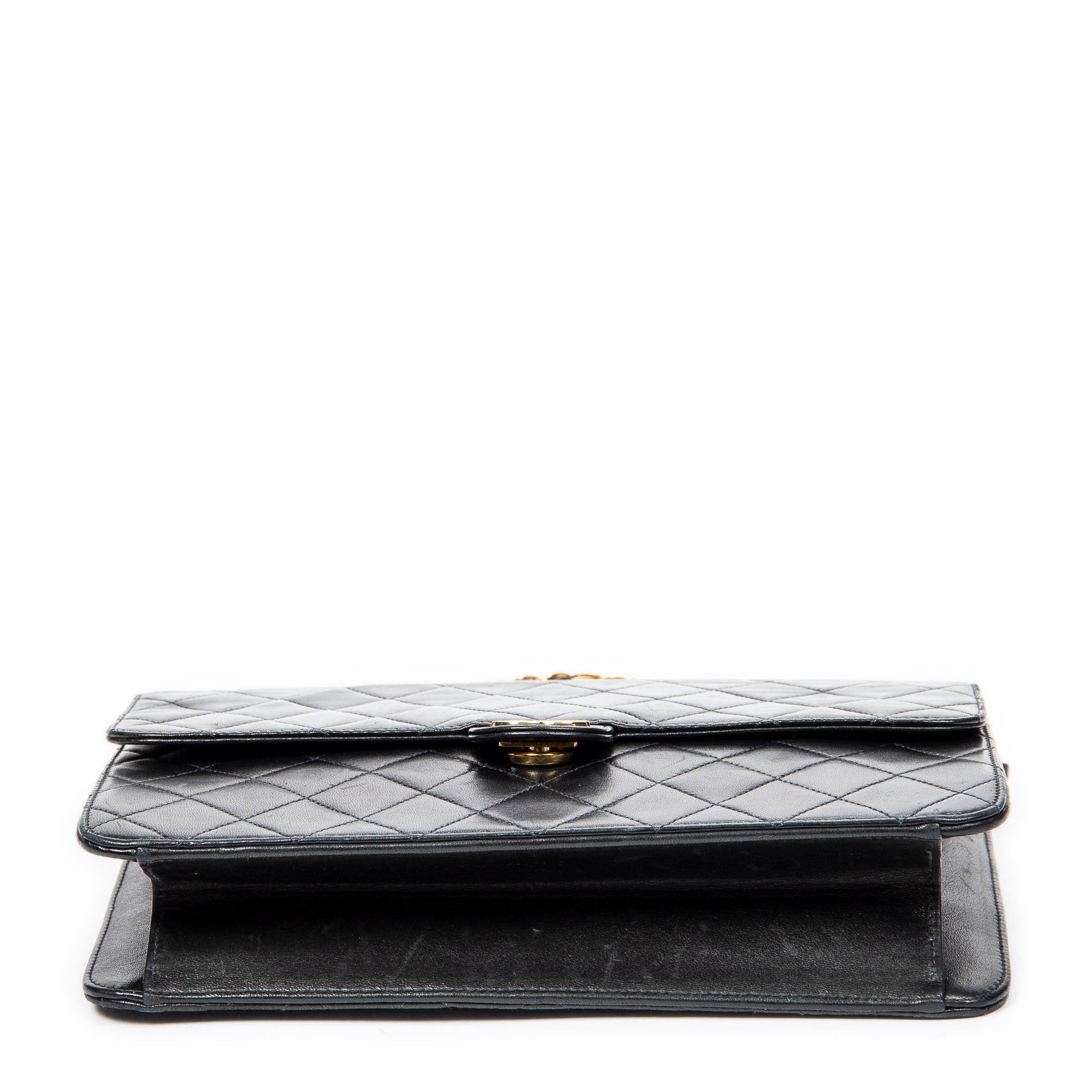 Shoulder Bag CC Push Lock Straight Single Flap Black Quilted Lambskin Leather