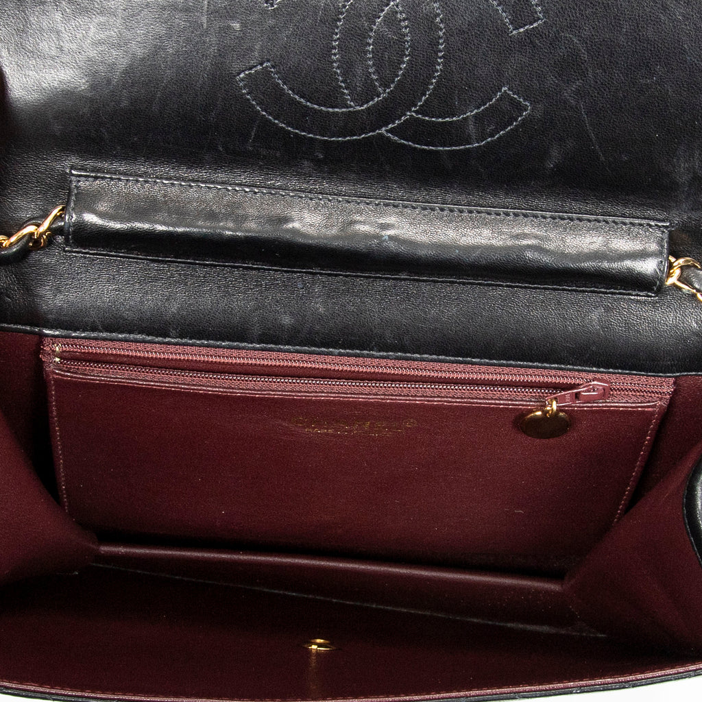 Shoulder Bag CC Push Lock Straight Single Flap Black Quilted Lambskin Leather
