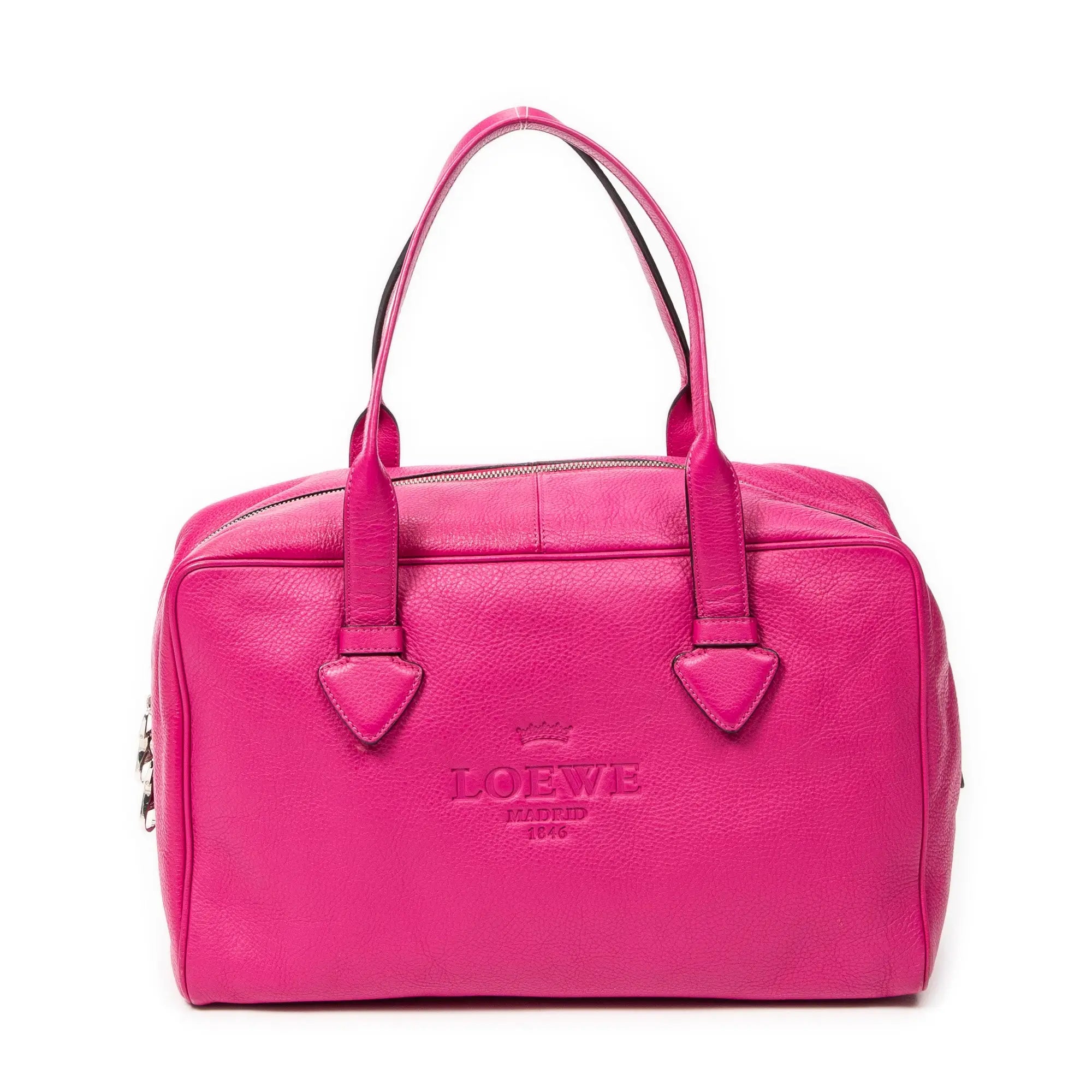 Handbag Logo Boston Fuchsia Pink Grained Calfskin Leather