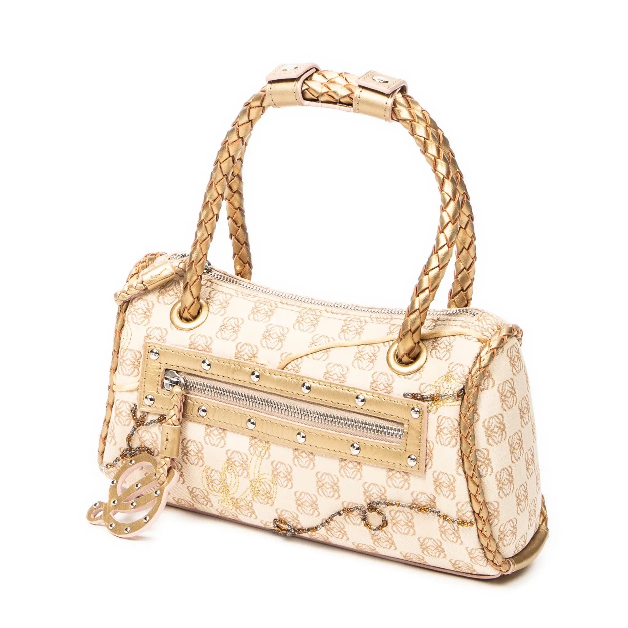 Handbag Braided Handle Zip Tote Beige Anagram Canvas