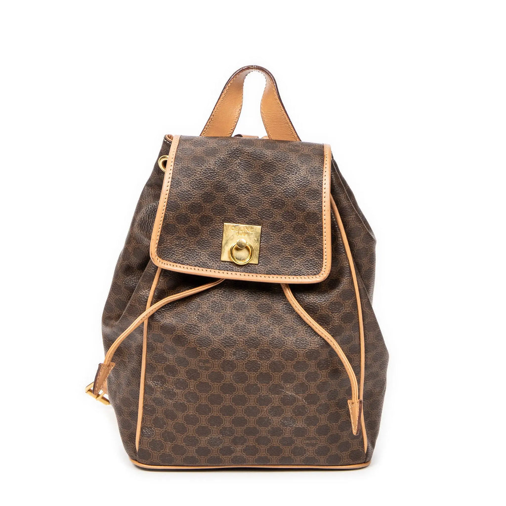 Mochila pequeña con solapa y cordón, lona revestida Macadam beige