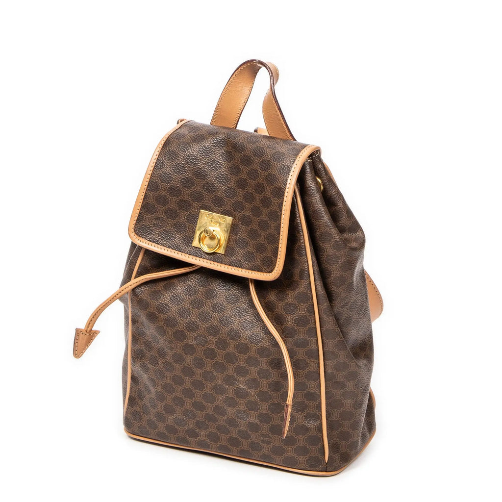 Mochila pequeña con solapa y cordón, lona revestida Macadam beige