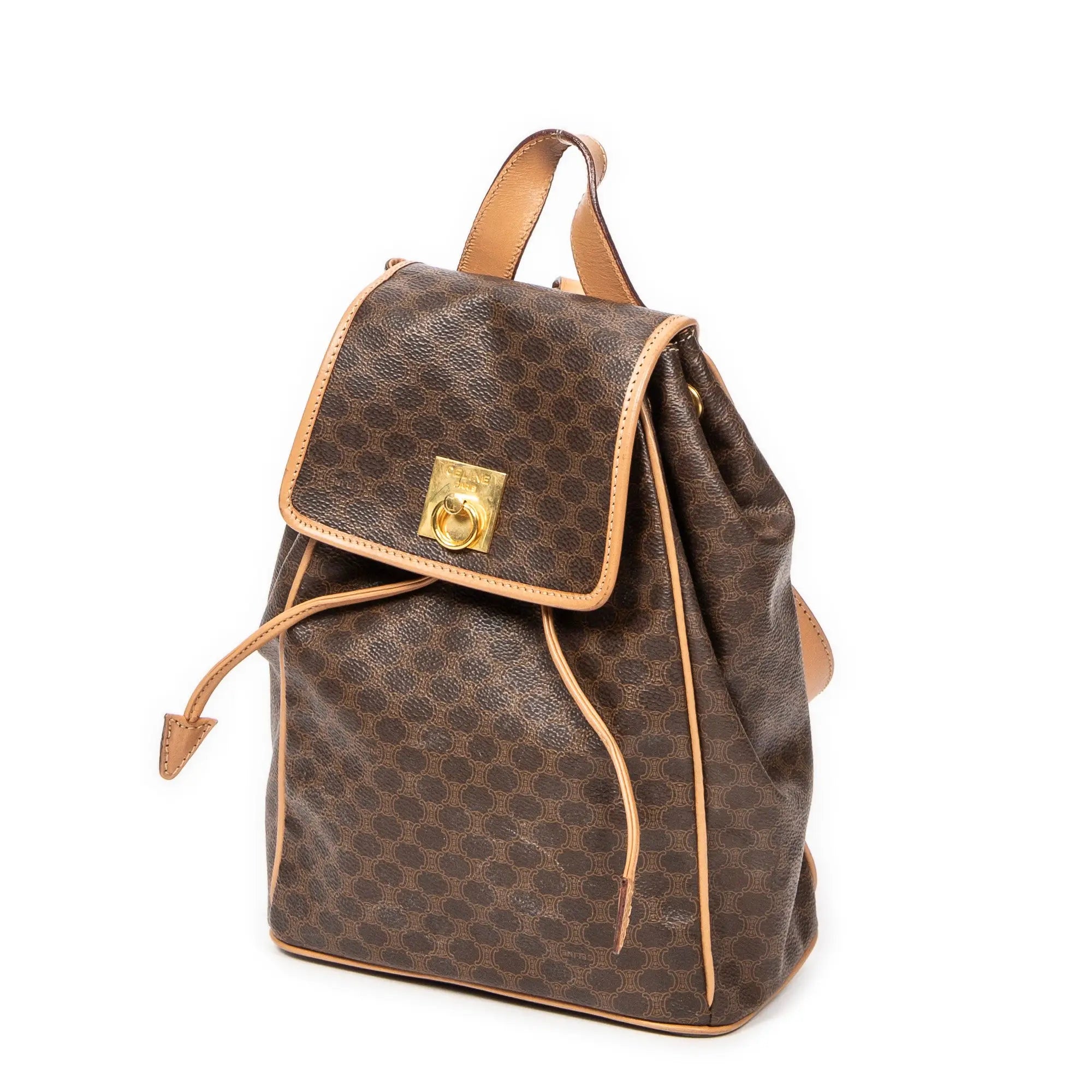 Mochila pequeña con solapa y cordón, lona revestida Macadam beige