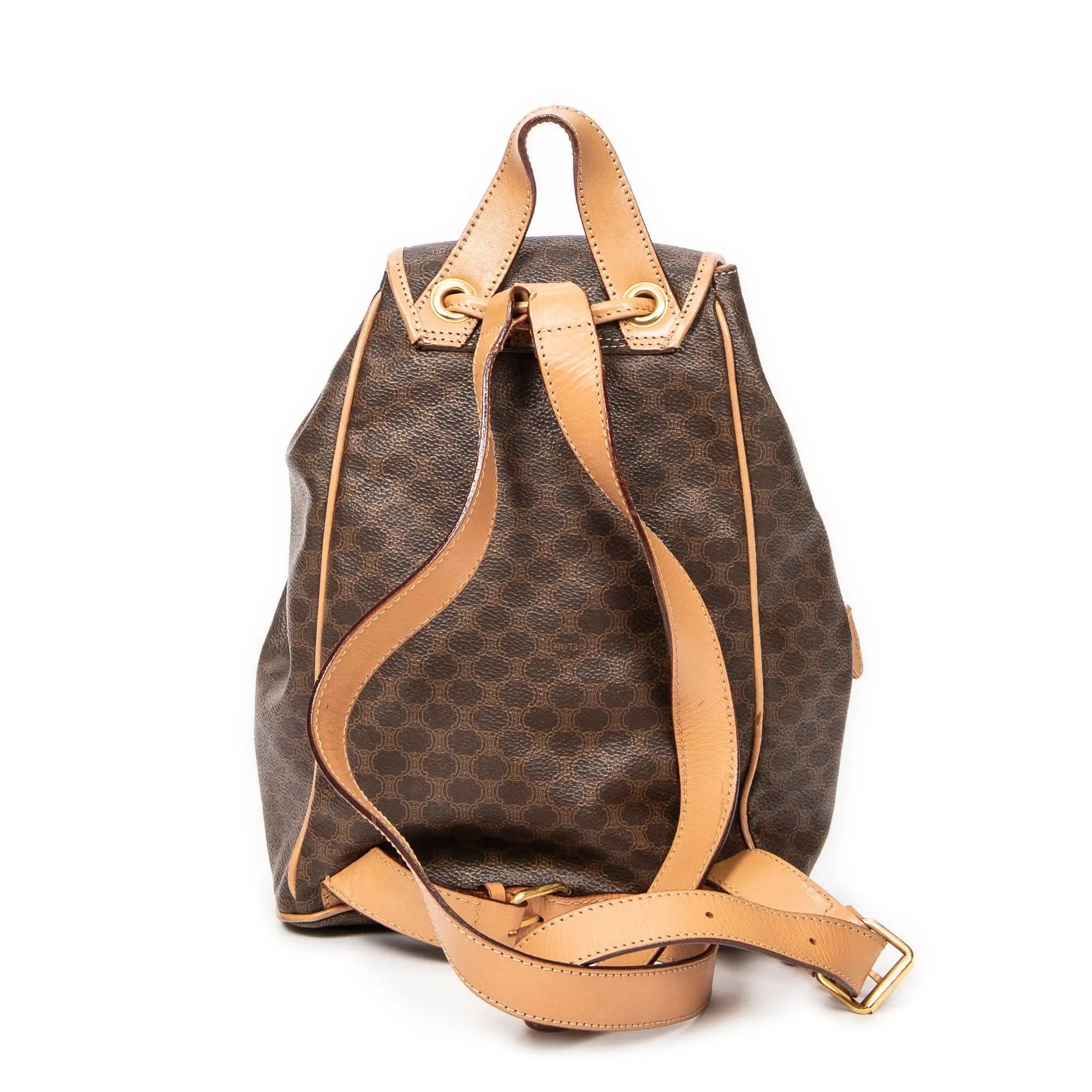 Mochila pequeña con solapa y cordón, lona revestida Macadam beige
