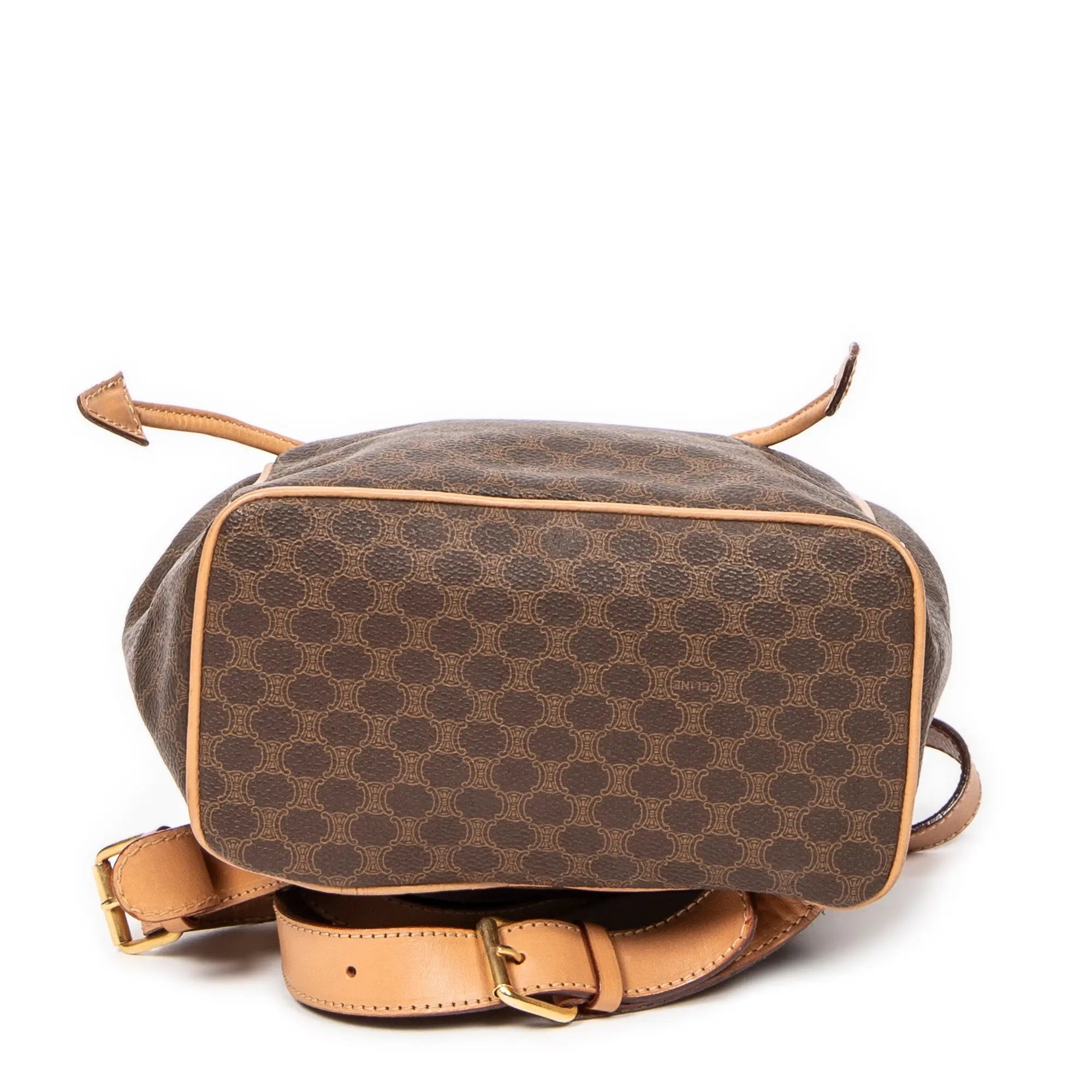 Mochila pequeña con solapa y cordón, lona revestida Macadam beige