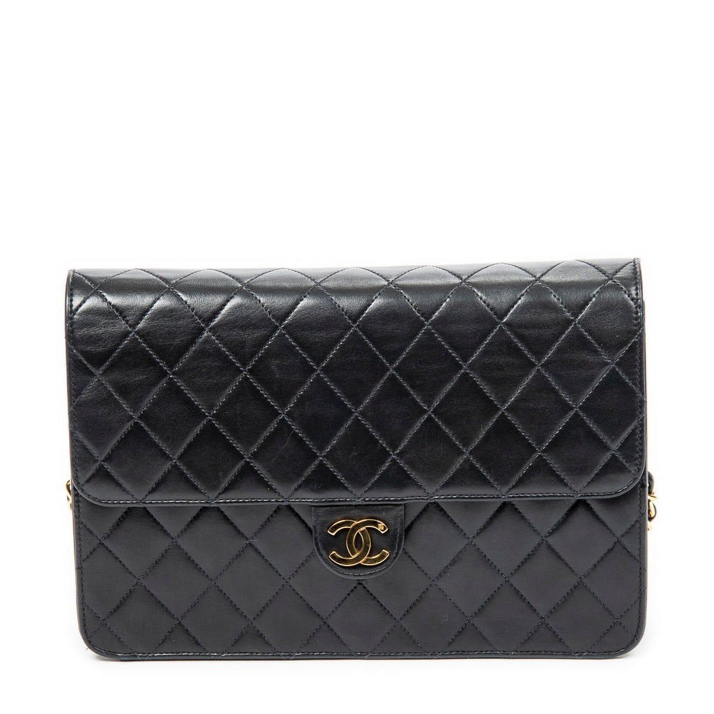 Shoulder Bag Vintage Push Lock Straight Flap Black Quilted Lambskin Leather