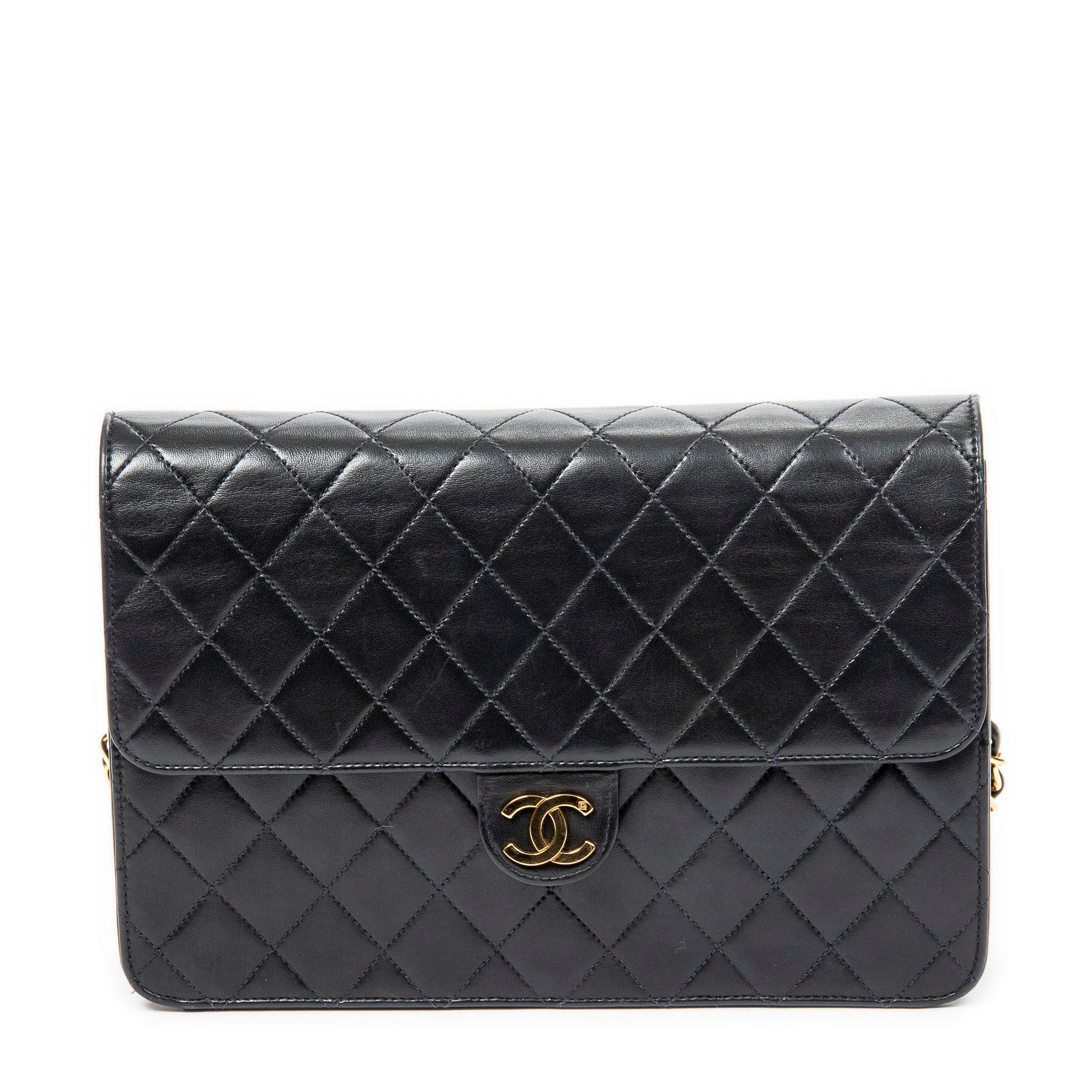 Shoulder Bag Vintage Push Lock Straight Flap Black Quilted Lambskin Leather