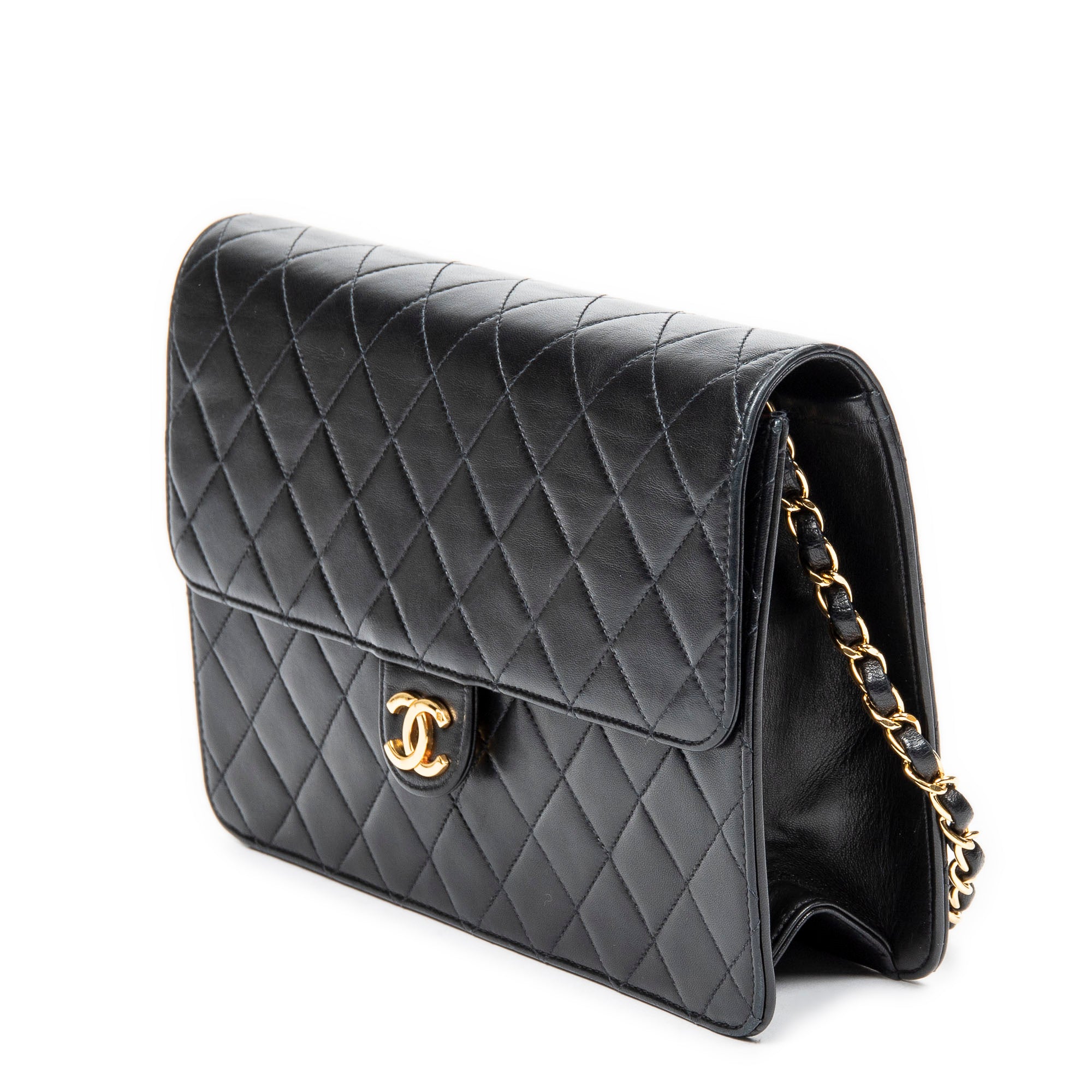 Shoulder Bag Vintage Push Lock Straight Flap Black Quilted Lambskin Leather