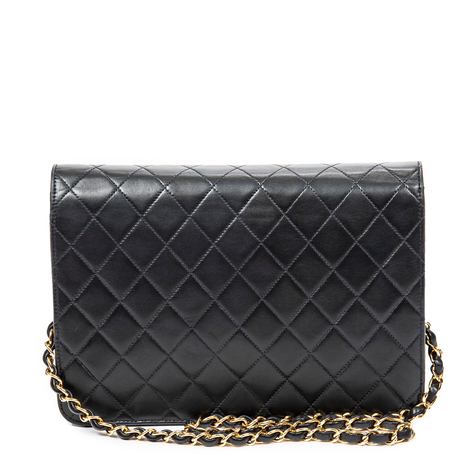 Shoulder Bag Vintage Push Lock Straight Flap Black Quilted Lambskin Leather