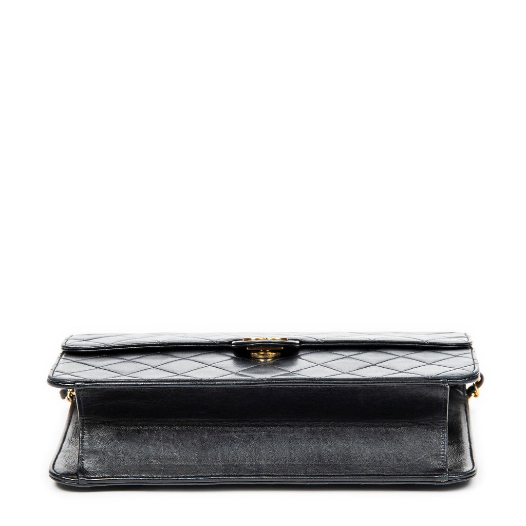 Shoulder Bag Vintage Push Lock Straight Flap Black Quilted Lambskin Leather