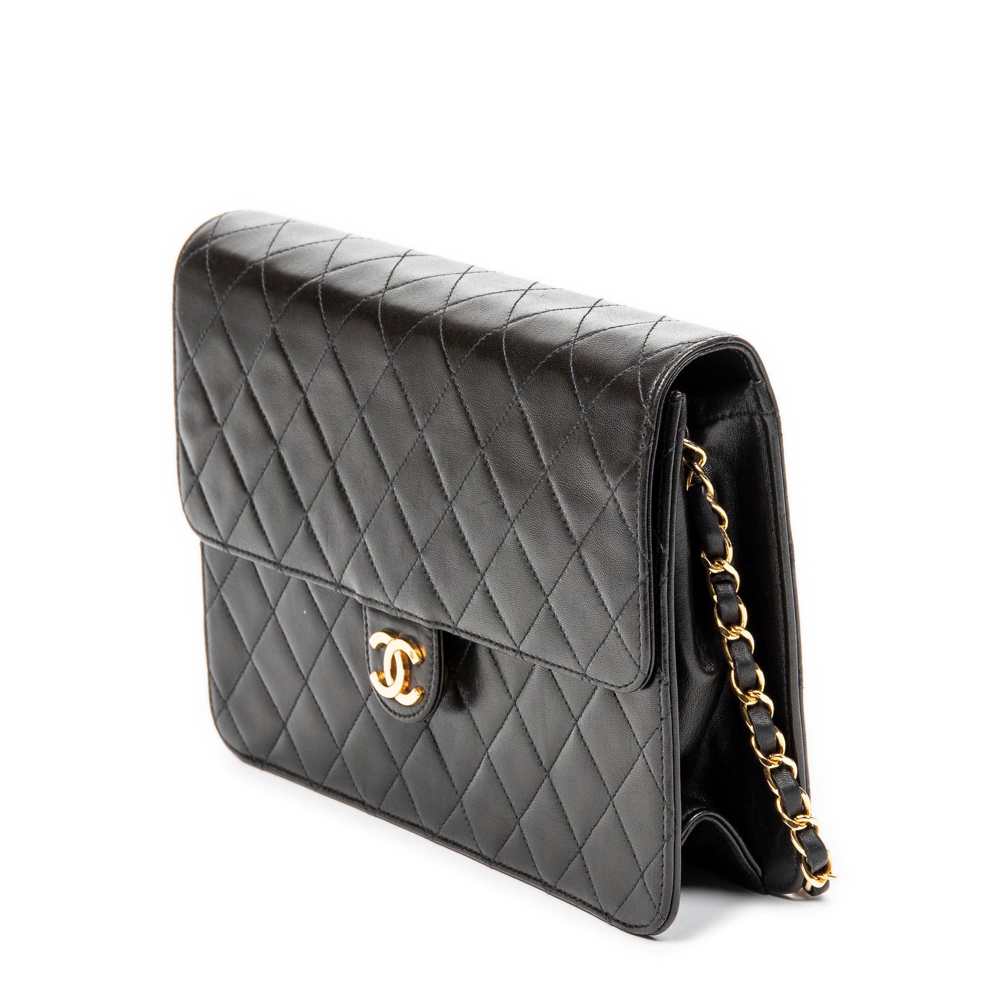 Shoulder Bag Vintage Push Lock Straight Flap Black Quilted Lambskin Leather