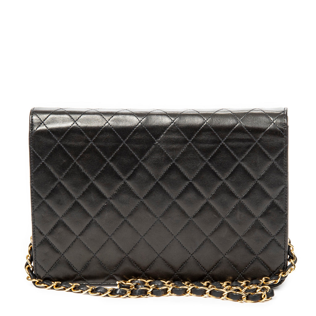 Shoulder Bag Vintage Push Lock Straight Flap Black Quilted Lambskin Leather
