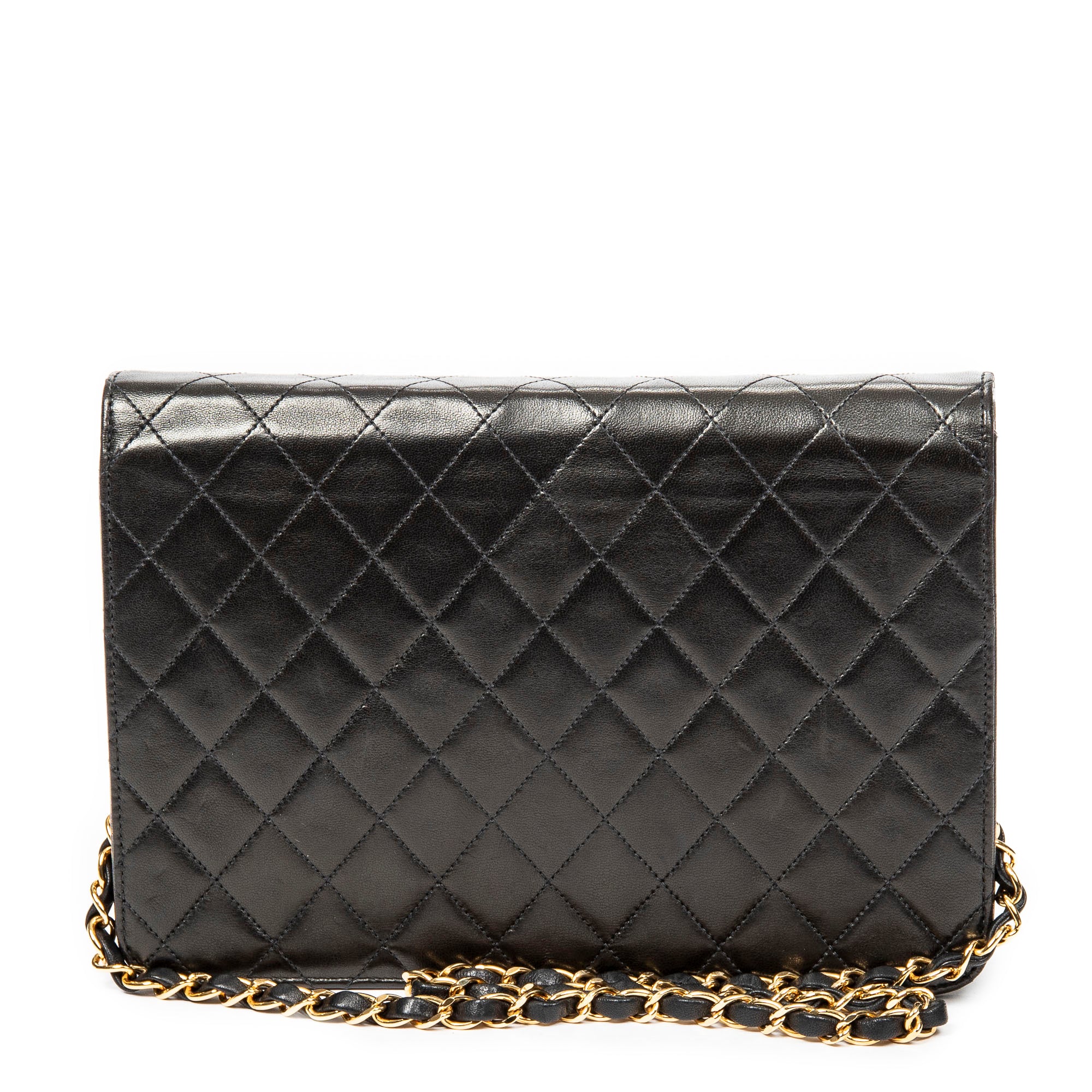 Shoulder Bag Vintage Push Lock Straight Flap Black Quilted Lambskin Leather