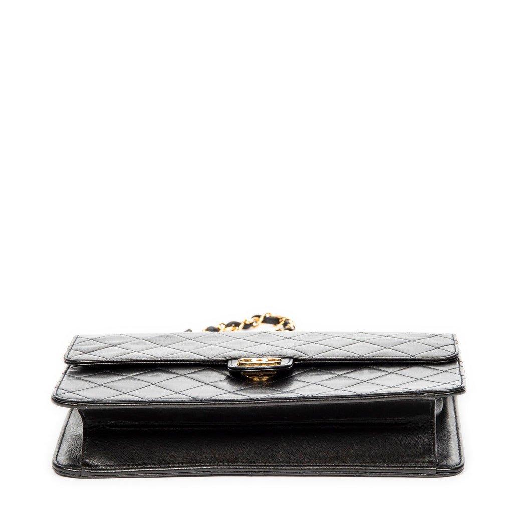Shoulder Bag Vintage Push Lock Straight Flap Black Quilted Lambskin Leather