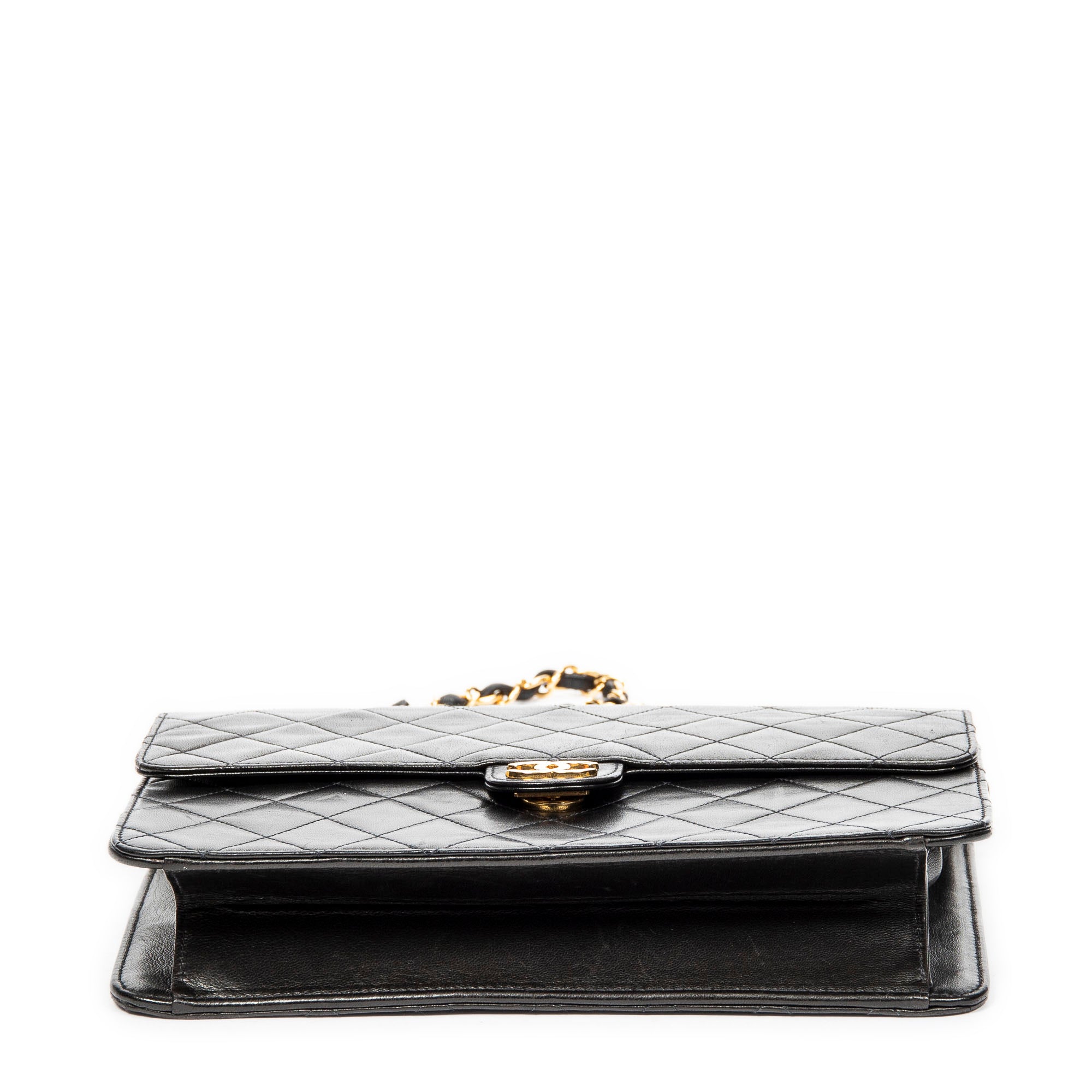 Shoulder Bag Vintage Push Lock Straight Flap Black Quilted Lambskin Leather