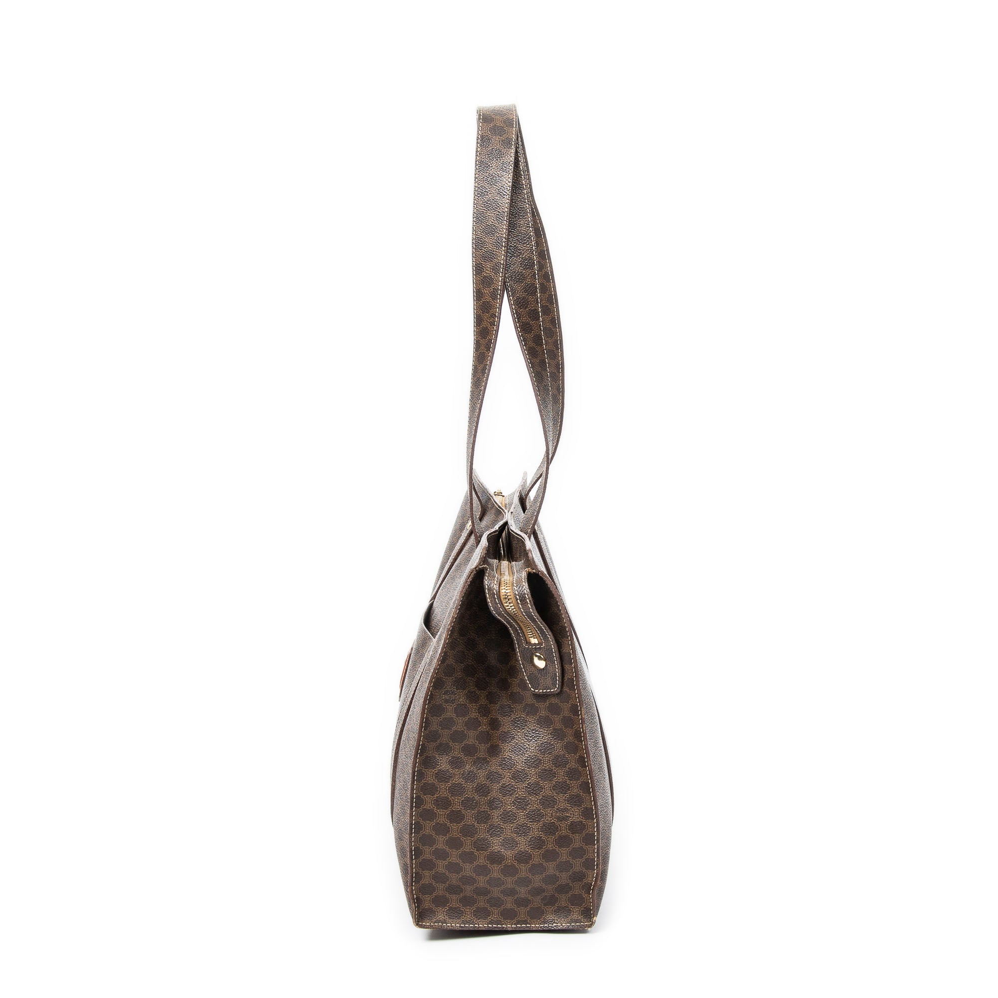 Shoulder Bag Zip Shopping Tote Brown Macadam Coated Canvas
