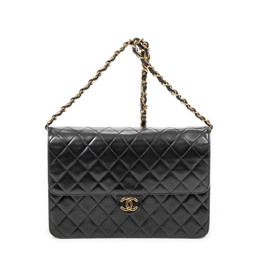 Shoulder Bag Vintage Push Lock Straight Flap Black Quilted Lambskin Leather