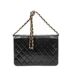Shoulder Bag Vintage Push Lock Straight Flap Black Quilted Lambskin Leather