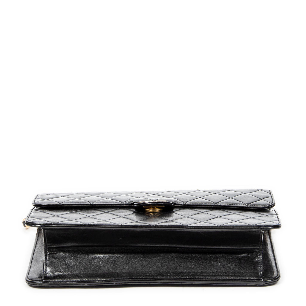 Shoulder Bag Vintage Push Lock Straight Flap Black Quilted Lambskin Leather