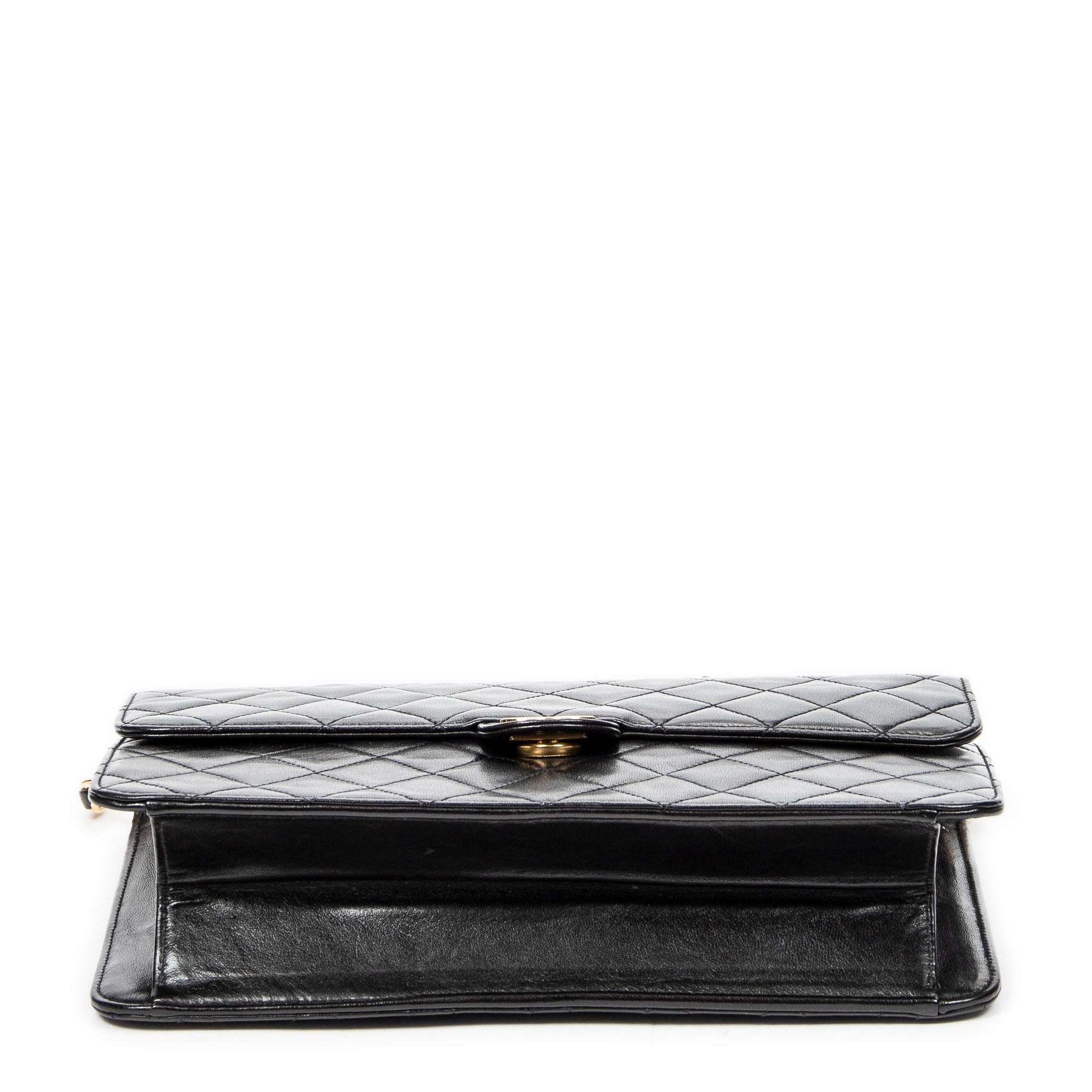 Shoulder Bag Vintage Push Lock Straight Flap Black Quilted Lambskin Leather