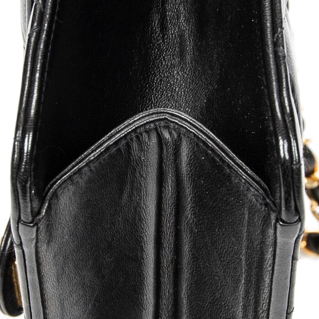 Shoulder Bag Vintage Push Lock Straight Flap Black Quilted Lambskin Leather