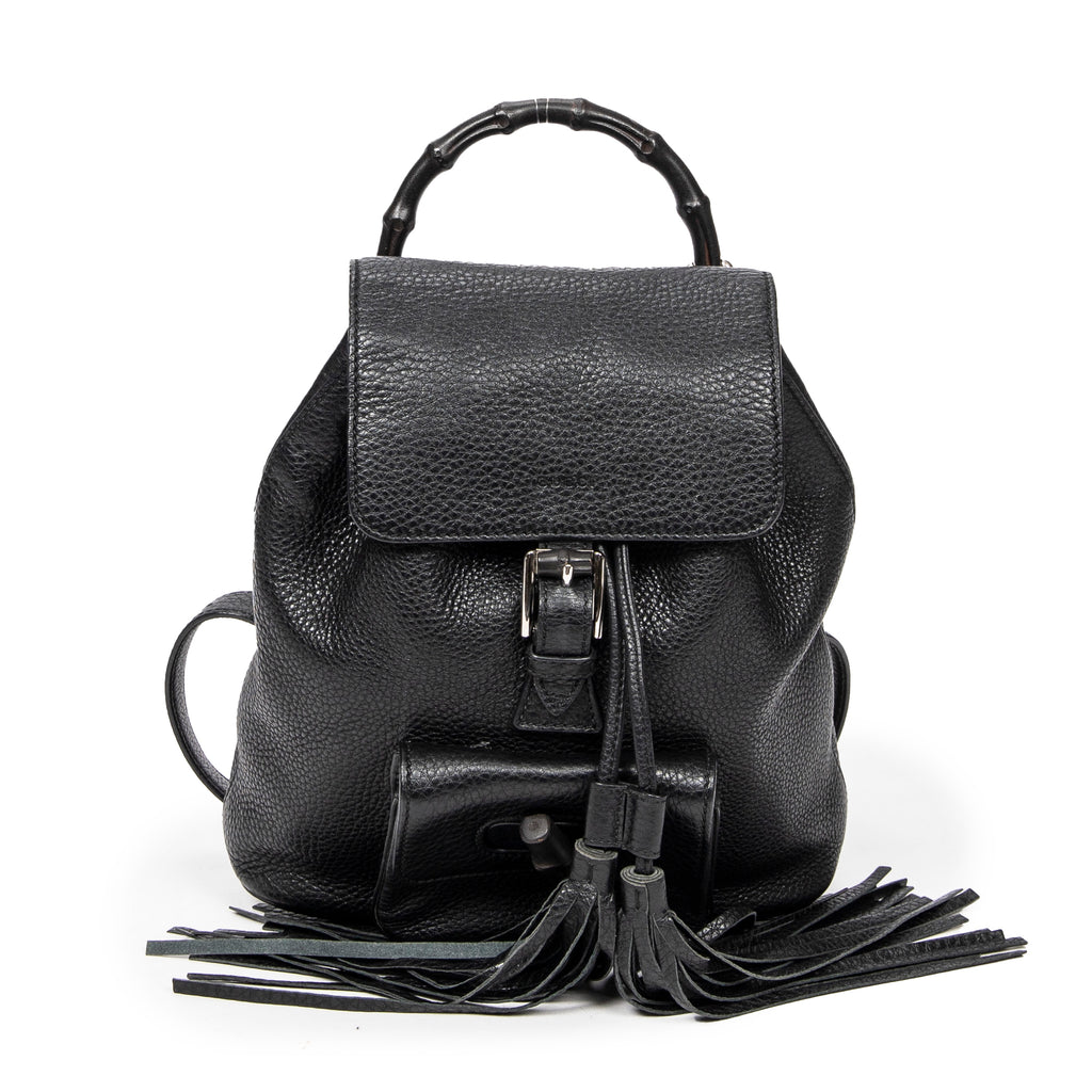 Backpack Small Bamboo Tassel Backpack Black Grained Leather