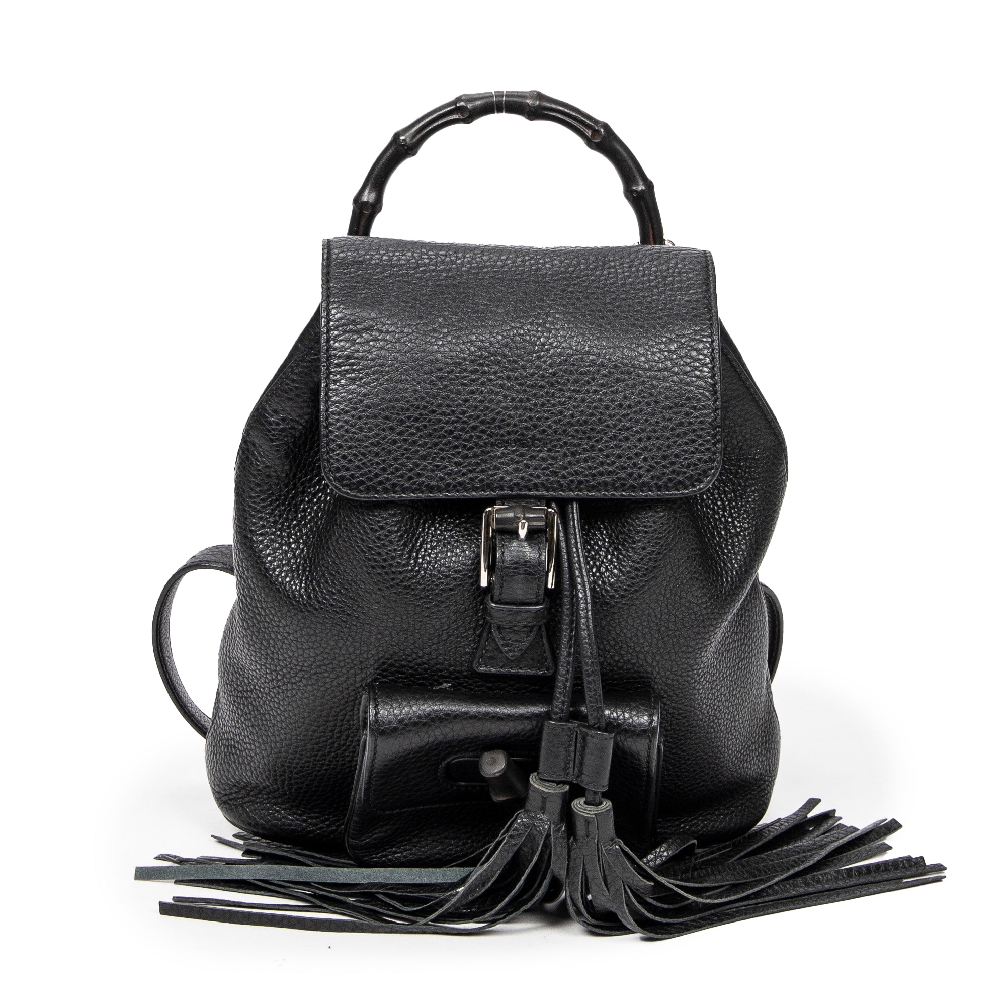 Backpack Small Bamboo Tassel Backpack Black Grained Leather