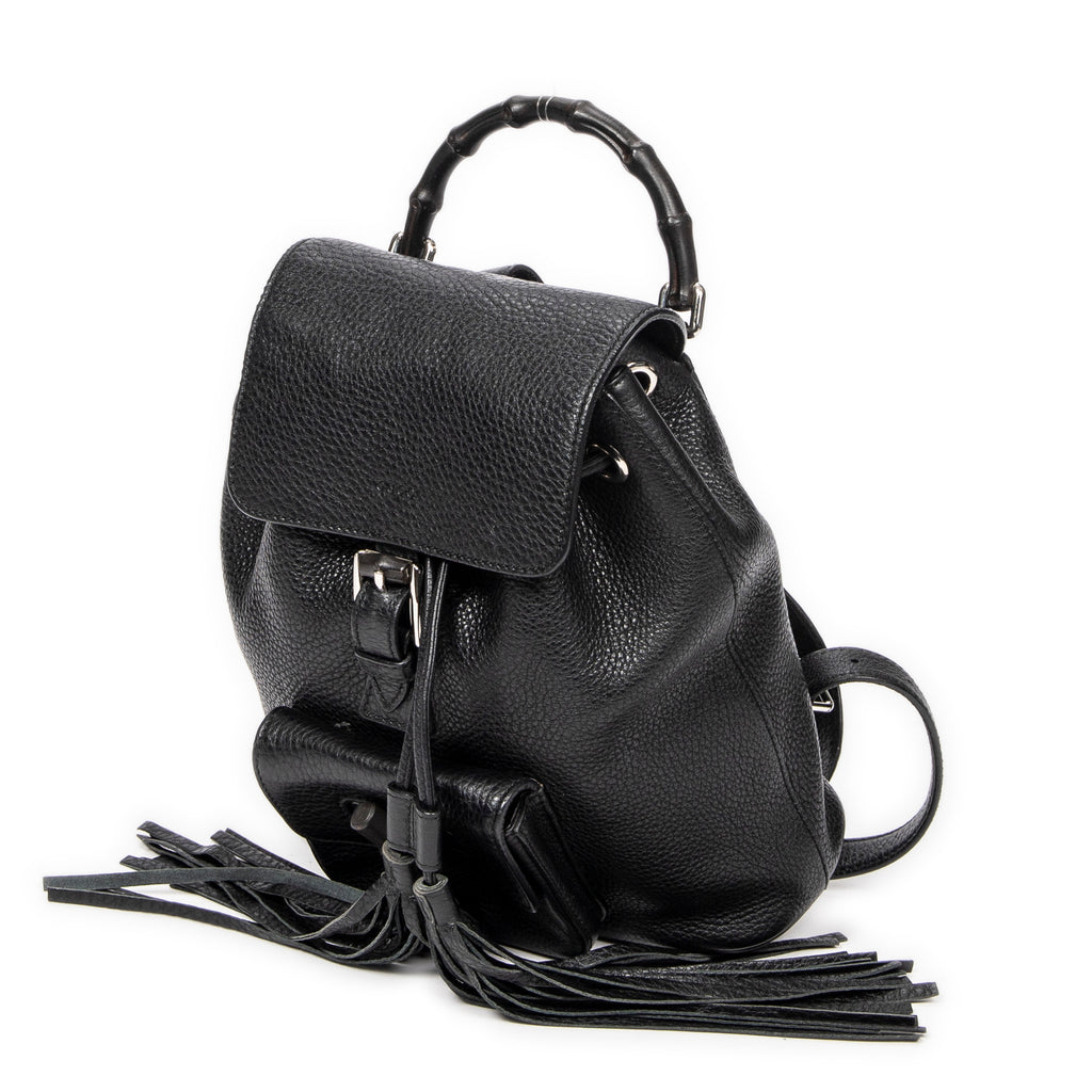 Backpack Small Bamboo Tassel Backpack Black Grained Leather