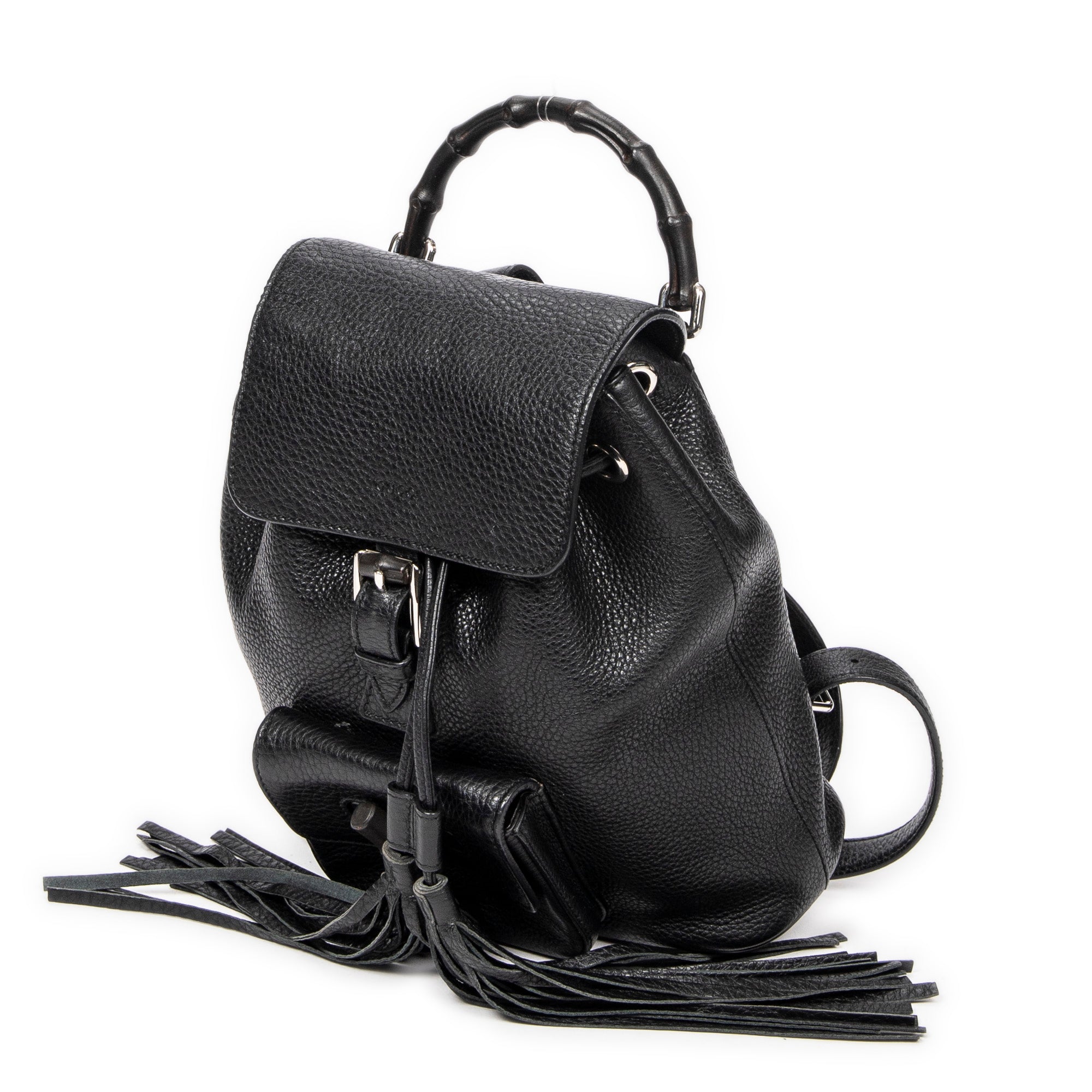 Backpack Small Bamboo Tassel Backpack Black Grained Leather