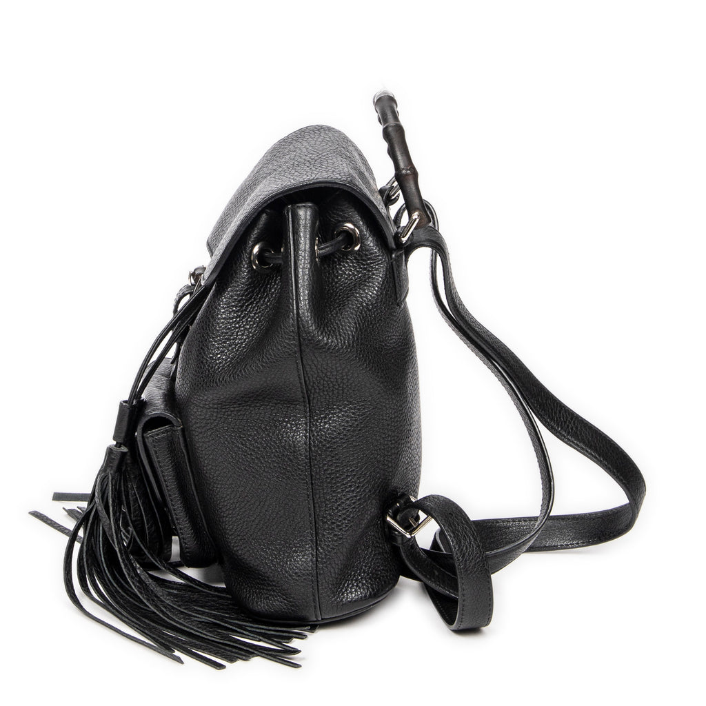 Backpack Small Bamboo Tassel Backpack Black Grained Leather