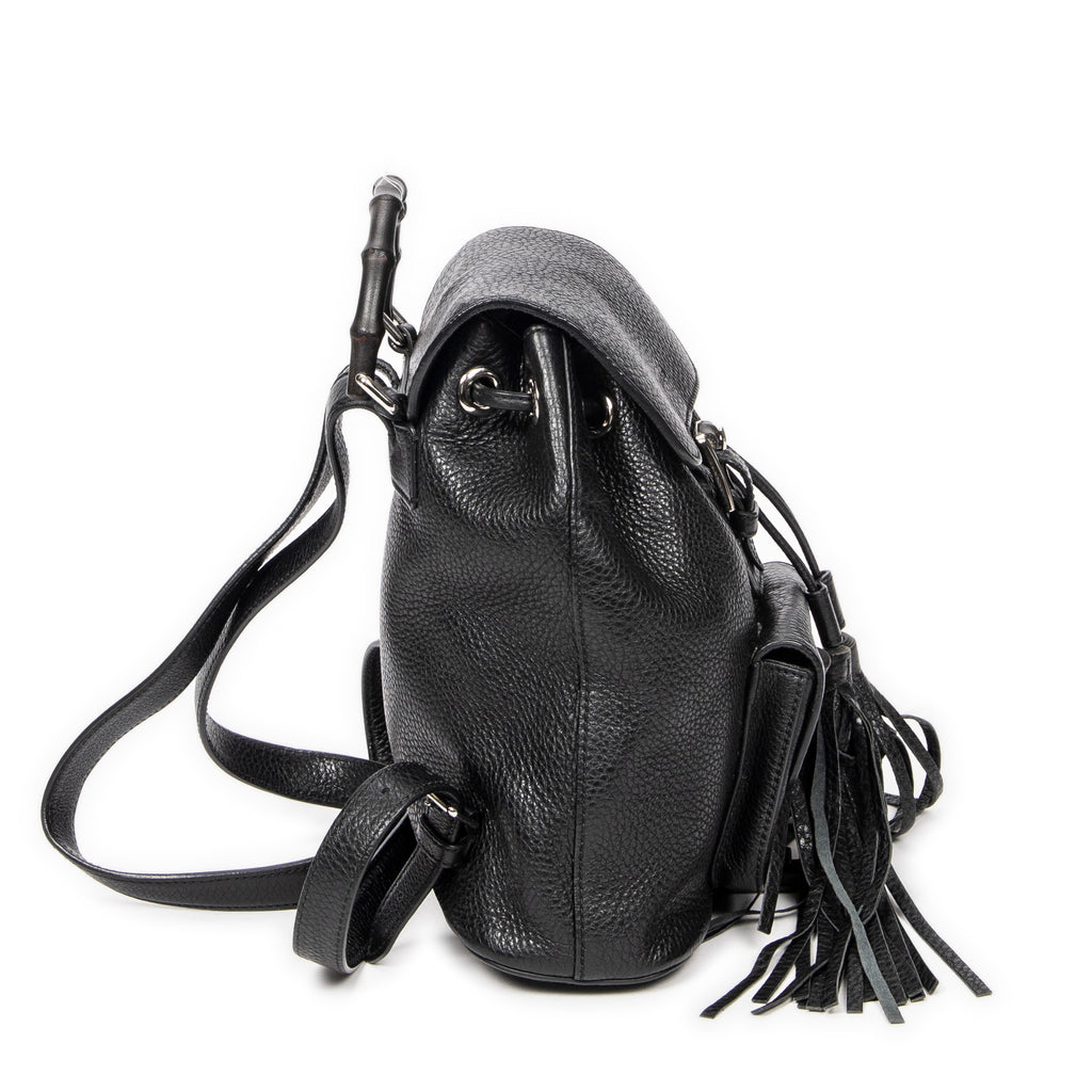 Backpack Small Bamboo Tassel Backpack Black Grained Leather
