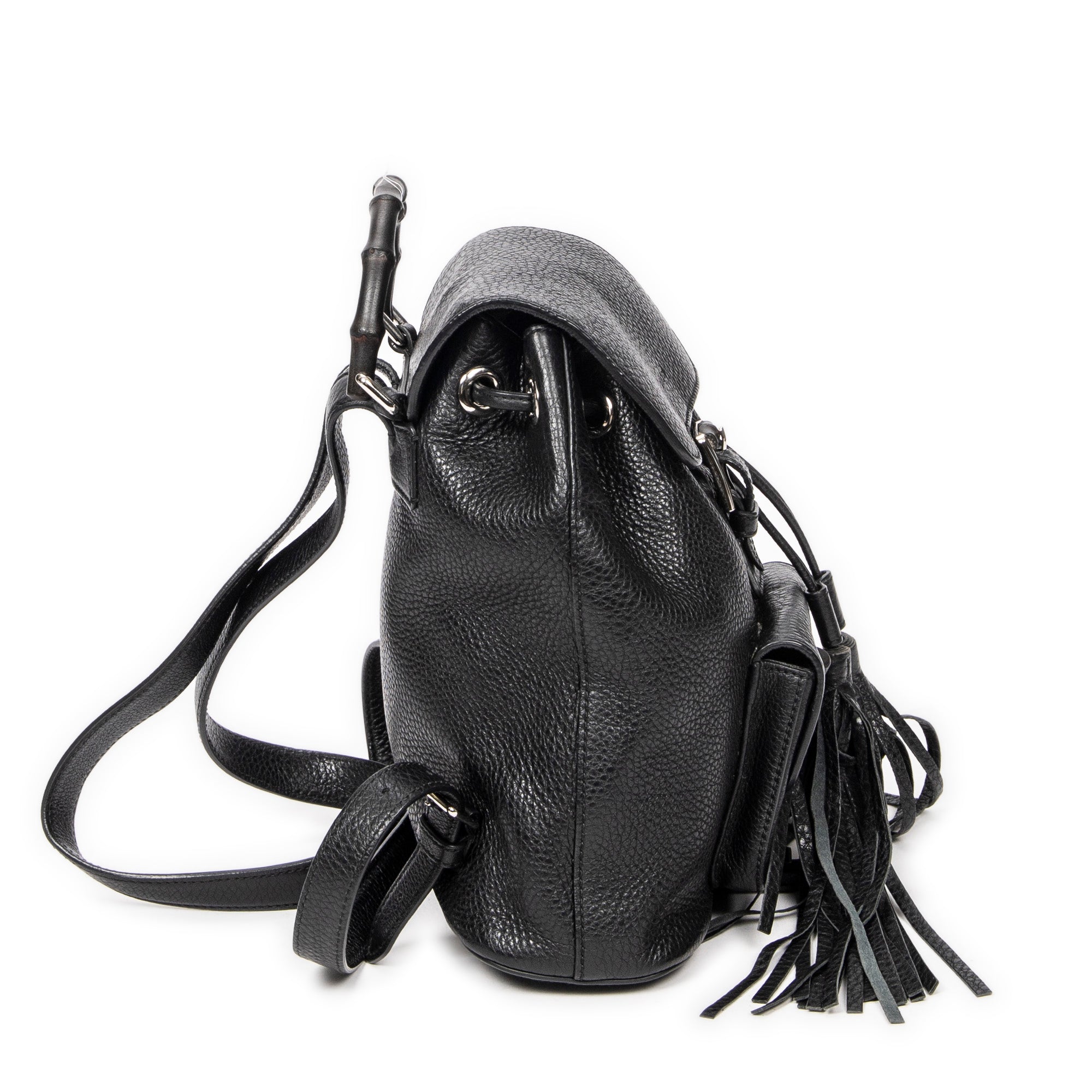 Backpack Small Bamboo Tassel Backpack Black Grained Leather