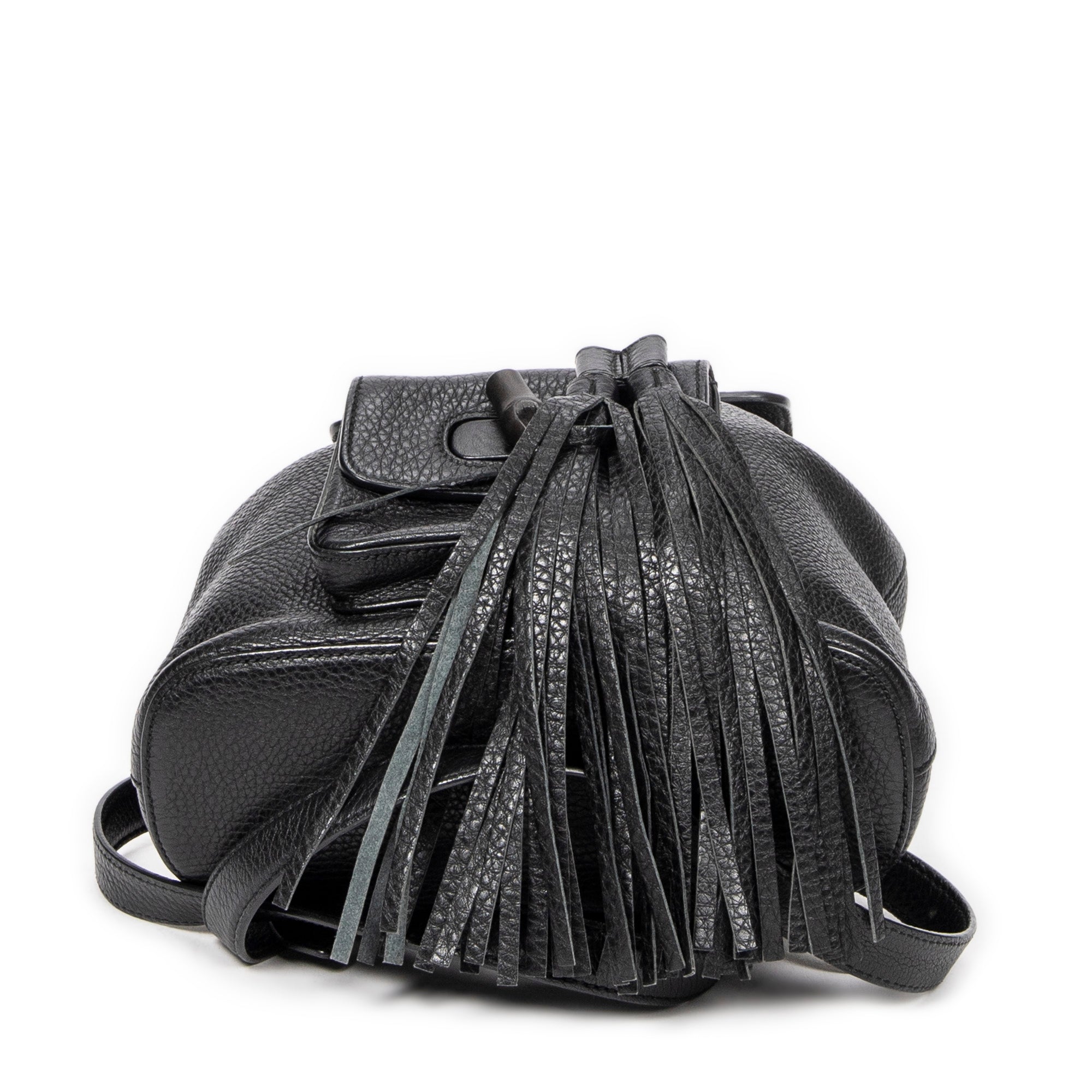 Backpack Small Bamboo Tassel Backpack Black Grained Leather