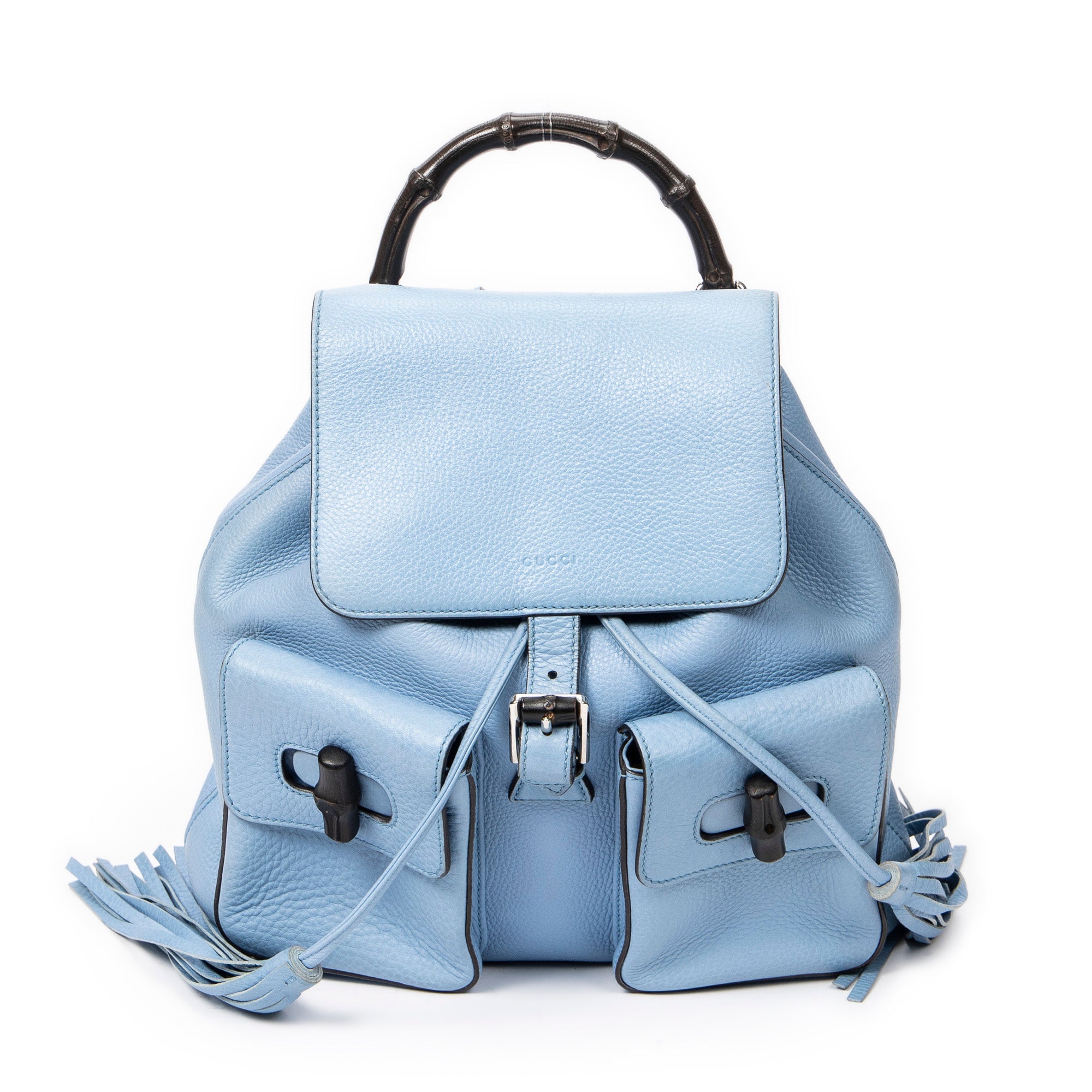 Backpack Bamboo Tassel Drawstring Backpack Blue Grained Calfskin Leather